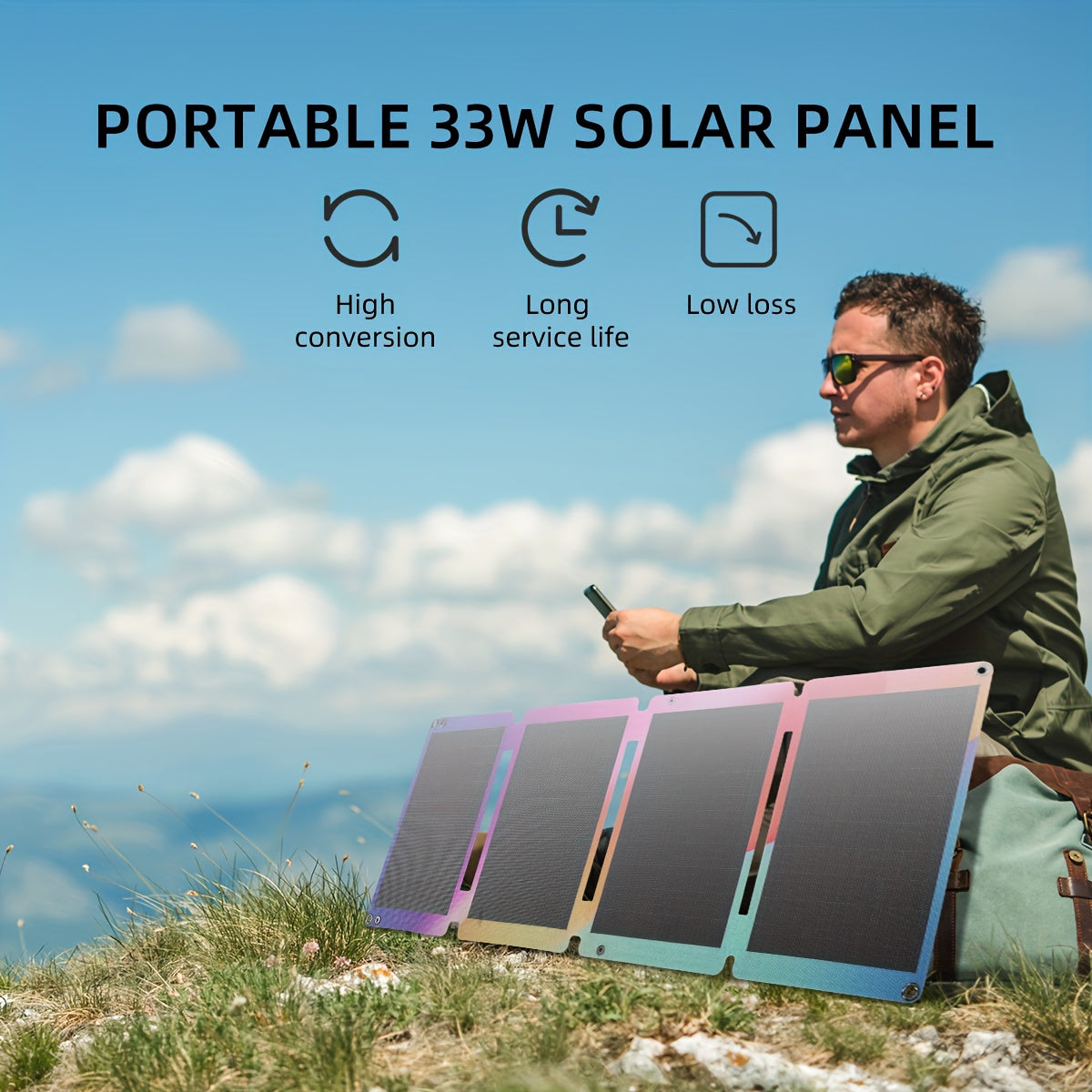 Portable Car 33W Solar Panel Power Bank, Mobile Phone Charging Device, with USB-AQC3.0 And USB-CPD18W Interfaces, Foldable And Sturdy Solar Panel for Power Generation, Portable Buckle for Backpack, Outdoor Hiking And Cycling, Travel Power Source,