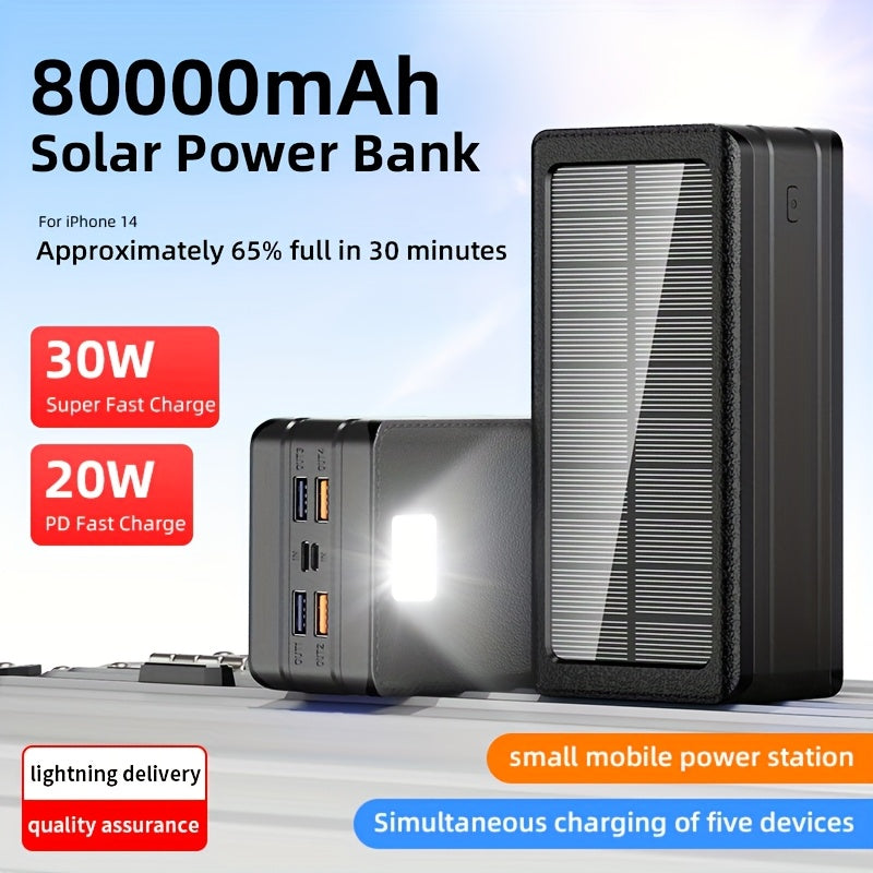 [Large Capacity Solar Charger] 80000mAh Large Capacity, 30W Fast Charging Solar Charger - 5 Outputs And 2 Inputs, LED Flashlight SOS/ Blinking/ Strong Light Flashlight, Portable Charger, Suitable for Outdoor Camping And Wilderness Survival Gear