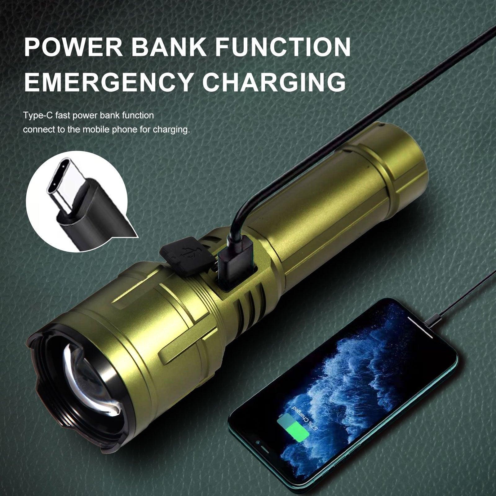 Green Outdoor Camping Mountaineering Zoom Flashlight Strong Light Focusing Light Source Can Ignite The Flame