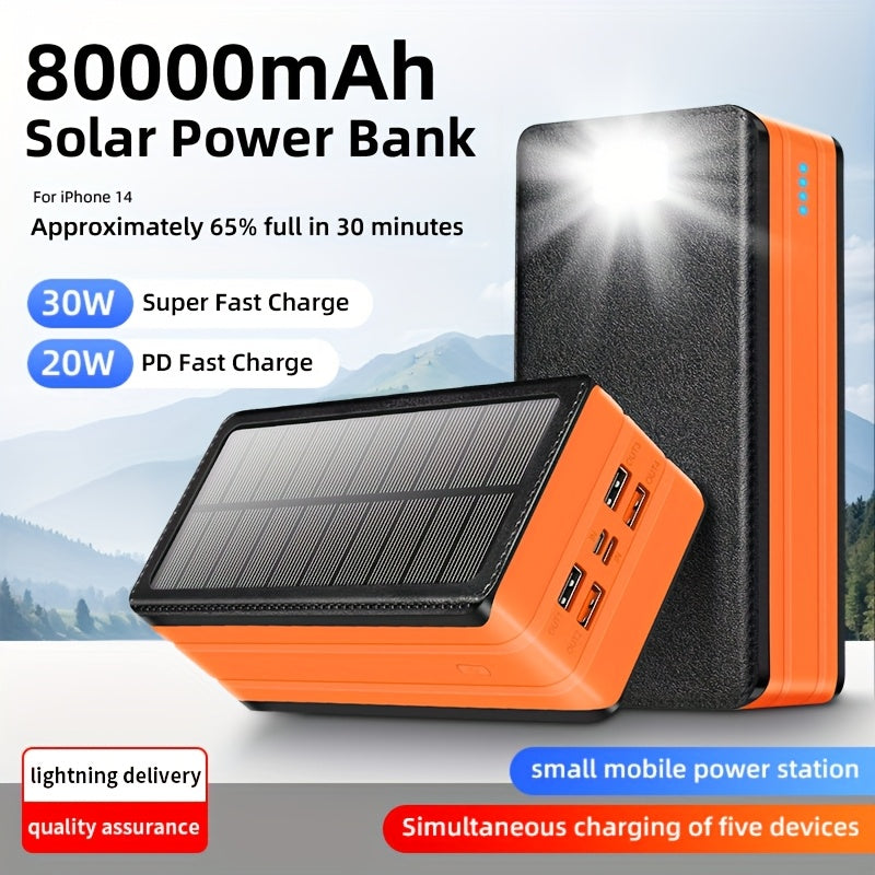 80, 000mAh Solar Power Bank, Large Capacity, 30W Fast Charging Mobile Power, 5Outputs And 2 Inputs, LED Flashlight SOS/Strobe/Strobe Light Flashlight, PortableCharger, Suitable for Outdoor Camping And Wilderness Survival Gear
