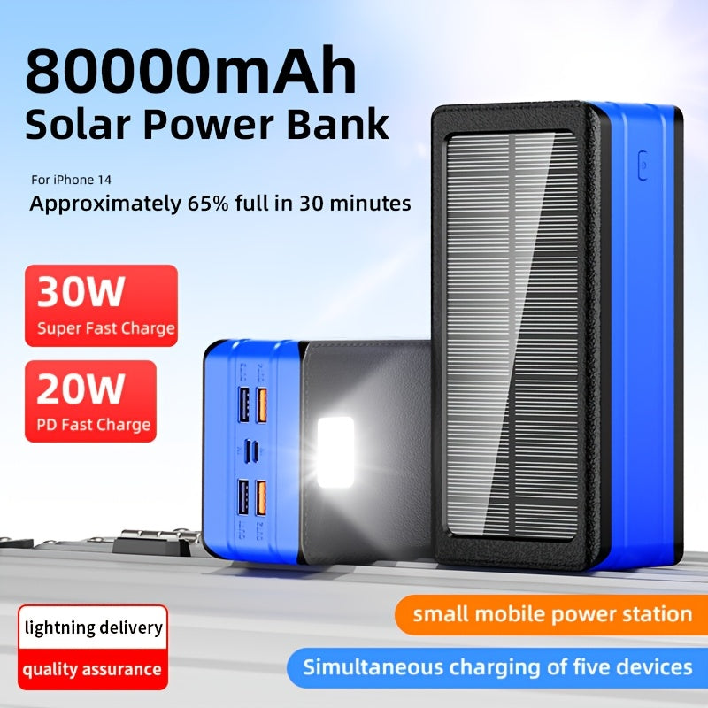 [Large Capacity Solar Charger] 80000mAh Large Capacity, 30W Fast Charging Solar Charger - 5 Outputs And 2 Inputs, LED Flashlight SOS/ Blinking/ Strong Light Flashlight, Portable Charger, Suitable for Outdoor Camping And Wilderness Survival Gear