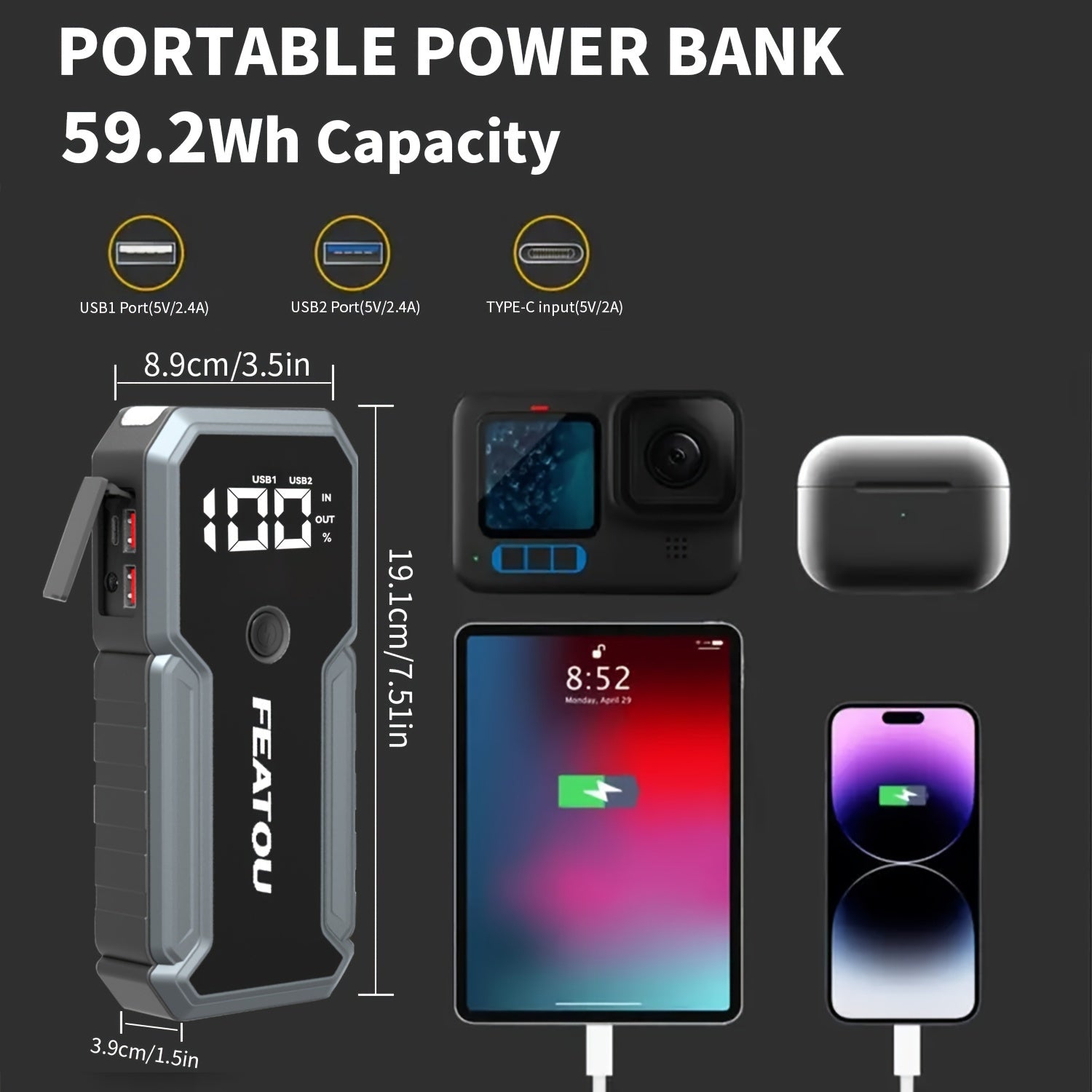 FEATOU Portable Car Starter, 5000A Peak Battery Jump Starter, Car Battery Jump Box, Car Battery Charger, 12V Portable Car Starter, Suitable For 8.5L Gasoline And 7.0L Diesel Cars, With USB Port Power Bank Function And LED Flashlight