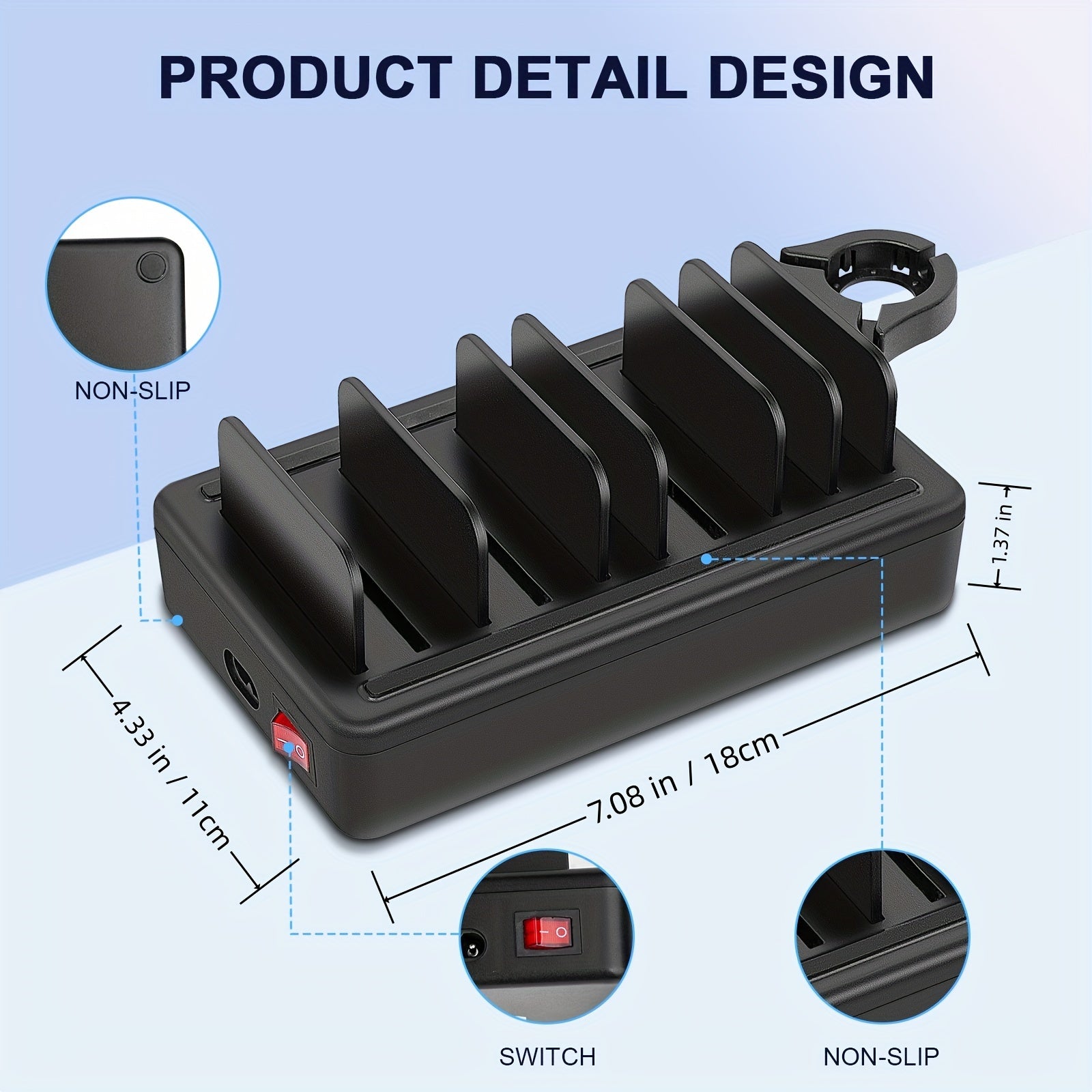Fast Charging Station For Multiple Devices, 50W 6-Ports USB Charging Station With10-Slot, Detachable Dividers, Watch Holder, Compatible With Phone/iPad/Kindle/Tablet
