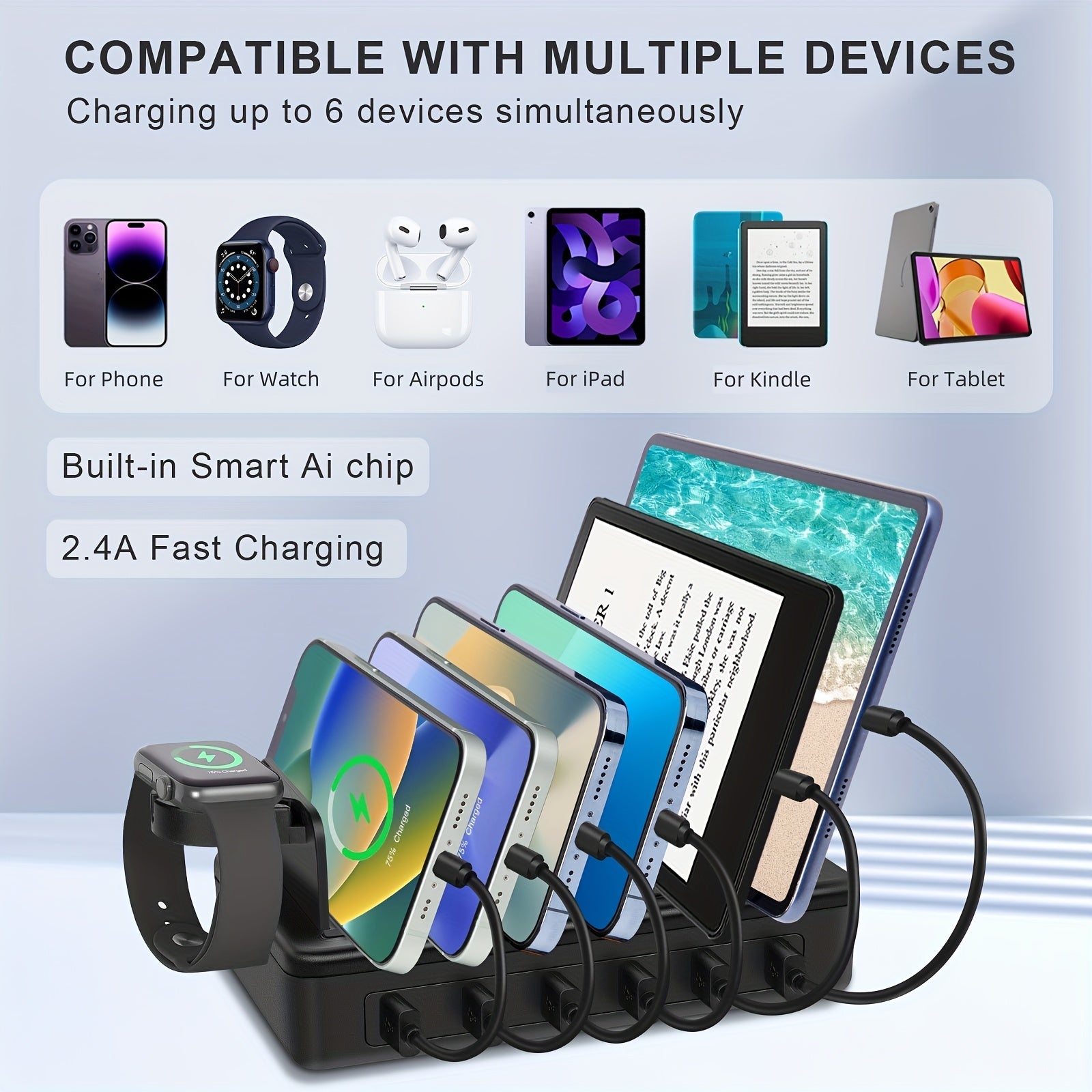 Fast Charging Station For Multiple Devices, 50W 6-Ports USB Charging Station With10-Slot, Detachable Dividers, Watch Holder, Compatible With Phone/iPad/Kindle/Tablet