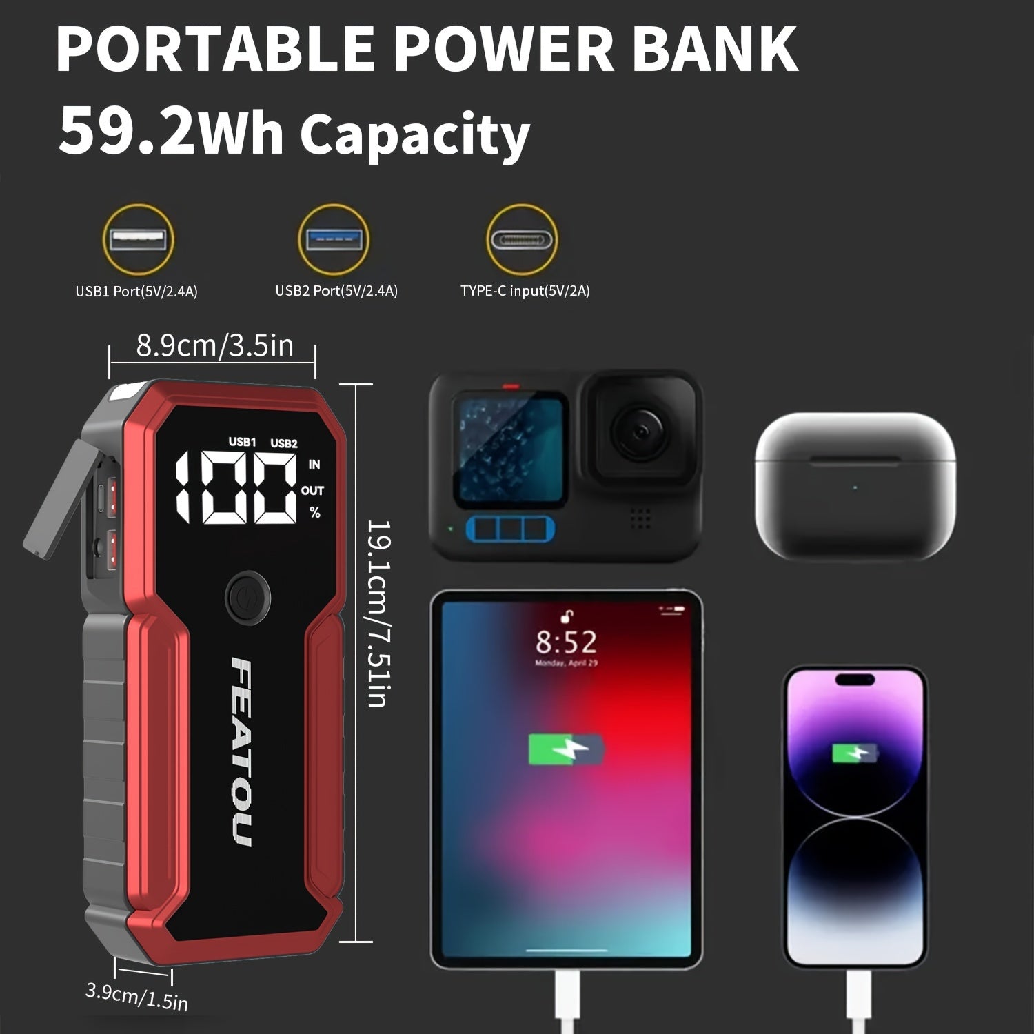 FEATOU Portable Car Starter, 5000A Peak Battery Jump Starter, Car Battery Jump Box, Car Battery Charger, 12V Portable Car Starter, Suitable For 8.5L Gasoline And 7.0L Diesel Cars, With USB Port Power Bank Function And LED Flashlight