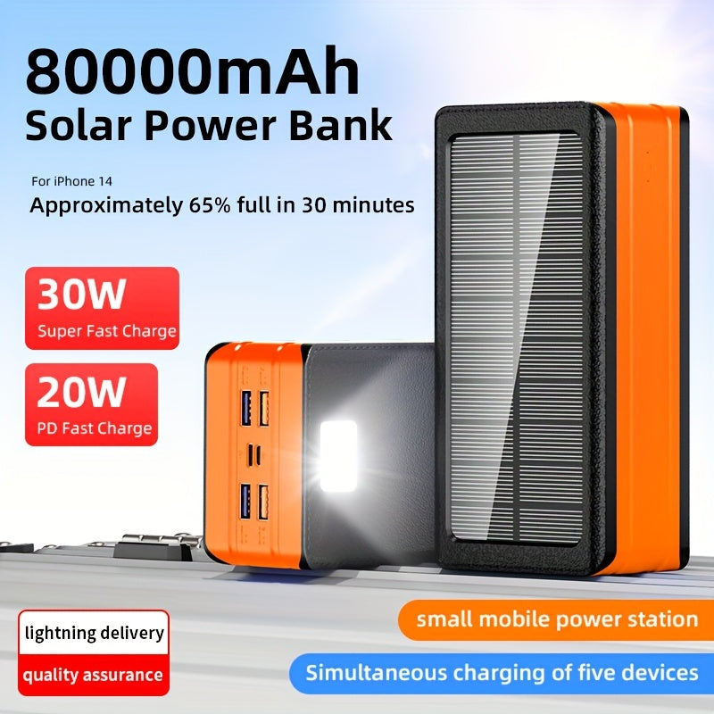 [Large Capacity Solar Charger] 80000mAh Large Capacity, 30W Fast Charging Solar Charger - 5 Outputs And 2 Inputs, LED Flashlight SOS/ Blinking/ Strong Light Flashlight, Portable Charger, Suitable for Outdoor Camping And Wilderness Survival Gear