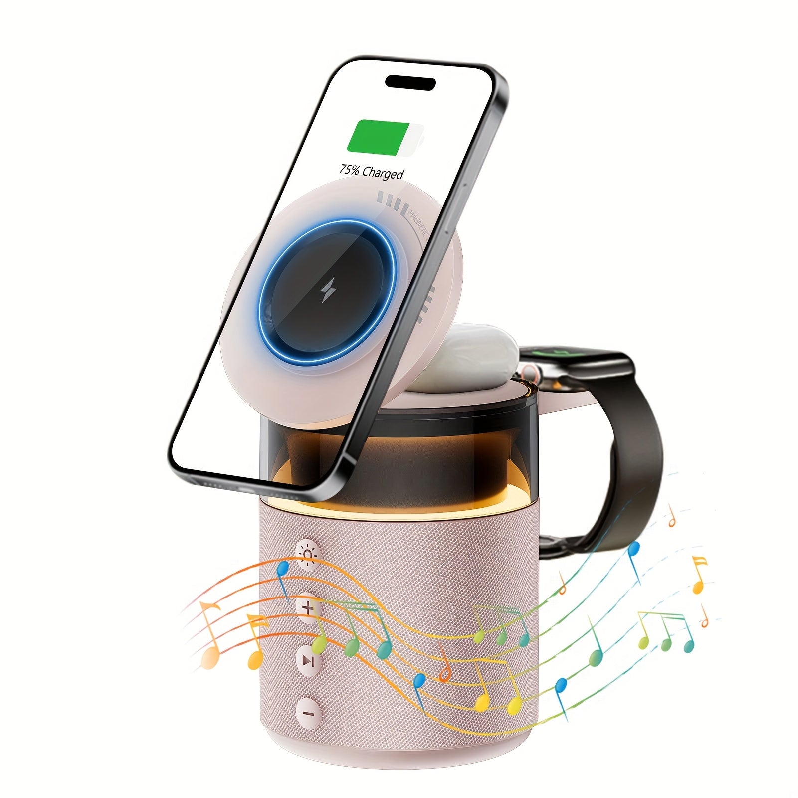 Mini LED Light Multifunctional Fast Wireless Charger, Phone Stand, Portable Speaker Hi-FI Sound Quality, LED Night Light, Cell Phone Wireless Charging Station, for iPhone 16 15 14 13 12 All Series, for Airpods 4/ 3/ 2/ Pro/ Pro 2/ Pro 3, Earbuds, Apple