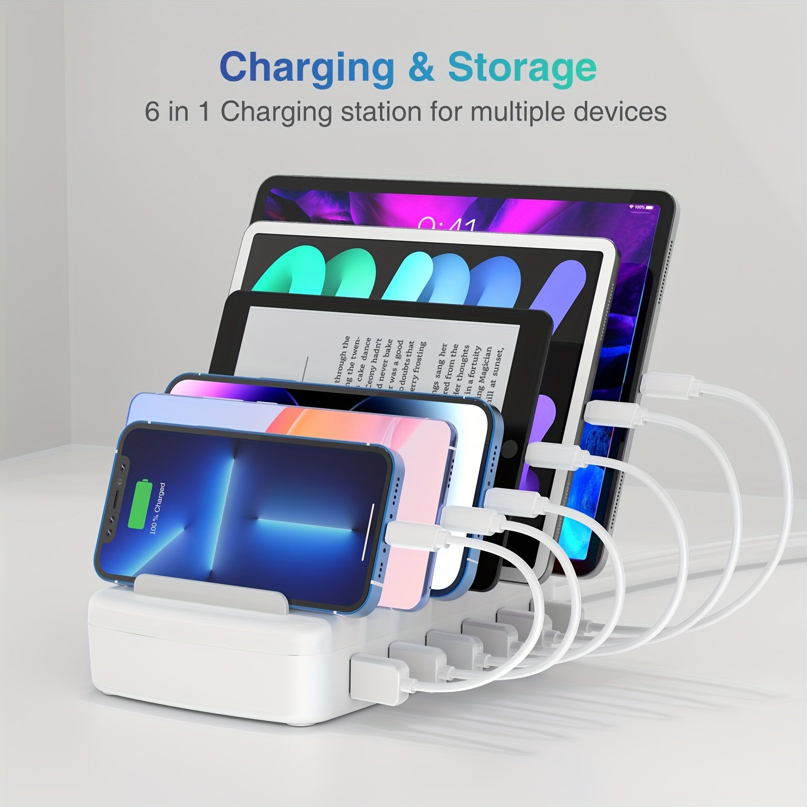 Fast Charging Station for Multiple Devices, 50W 6-Port USB Charging Station with 14 Slots, 7-Detachable Dividers Can Choose Width According to Devices And Adjust Spacing Freely, 1 Fixed Low Baffle Allows to Place The Phone Without Blocking The Screen,