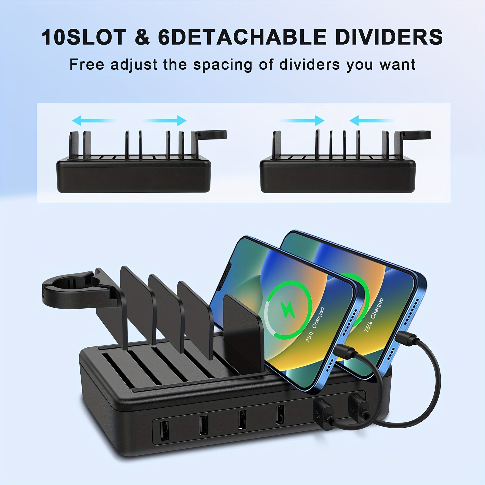 Fast Charging Station For Multiple Devices, 50W 6-Ports USB Charging Station With10-Slot, Detachable Dividers, Watch Holder, Compatible With Phone/iPad/Kindle/Tablet