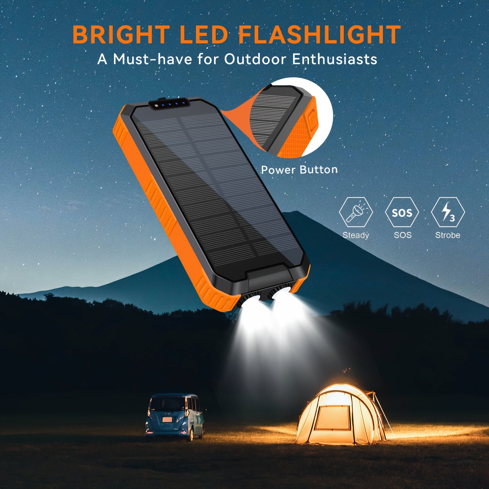 Solar Power Bank with Solar Charging & USB-C Fast Charging, 20000mAh Portable Charger with Built-in Flashlight, Triple Cable (3A Output, Wireless Charging, Compact & Rugged Design for Camping, Emergencies, Travel - Compatible with Smartphones, Tablets,