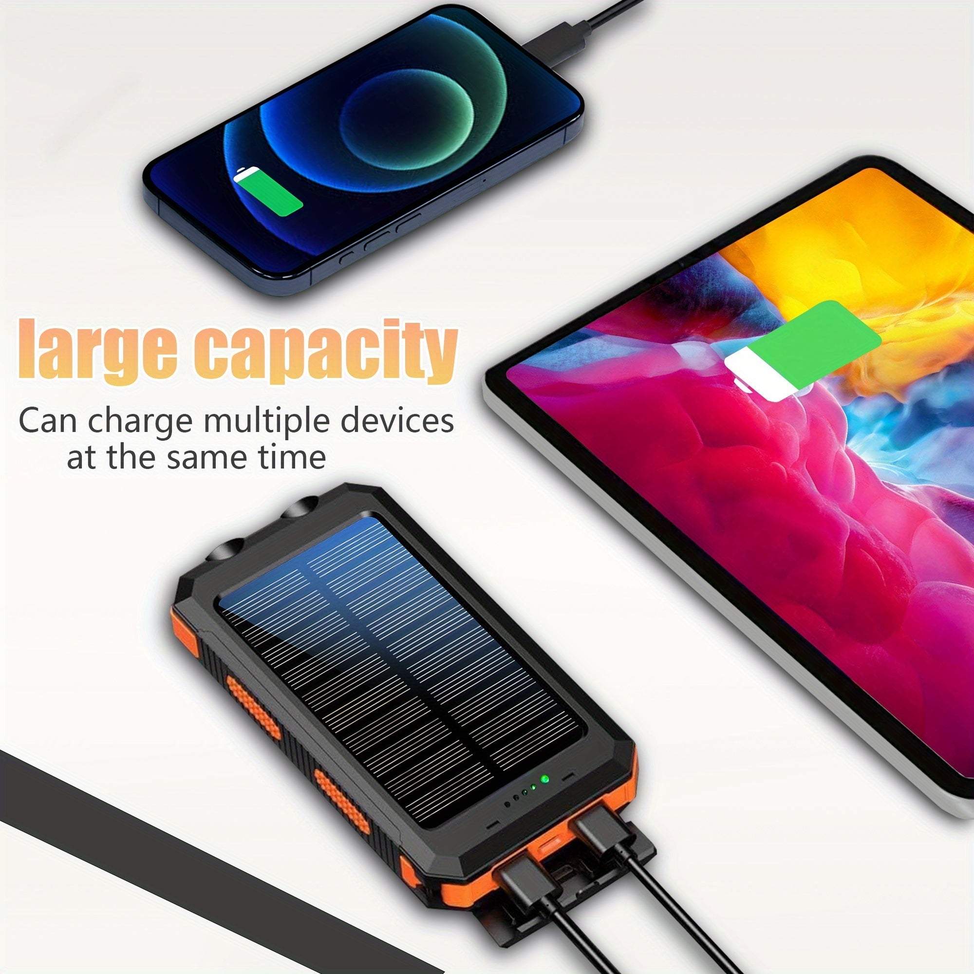 20000mAh USB Portable Charger Solar Power Bank, Camping External Backup Battery Dual 5V USB Ports Output, for Cell Phones, Mobile Devices, Travel Backup Battery, Built-In Dual Super Bright Flashlights, The Best Gift for Festival