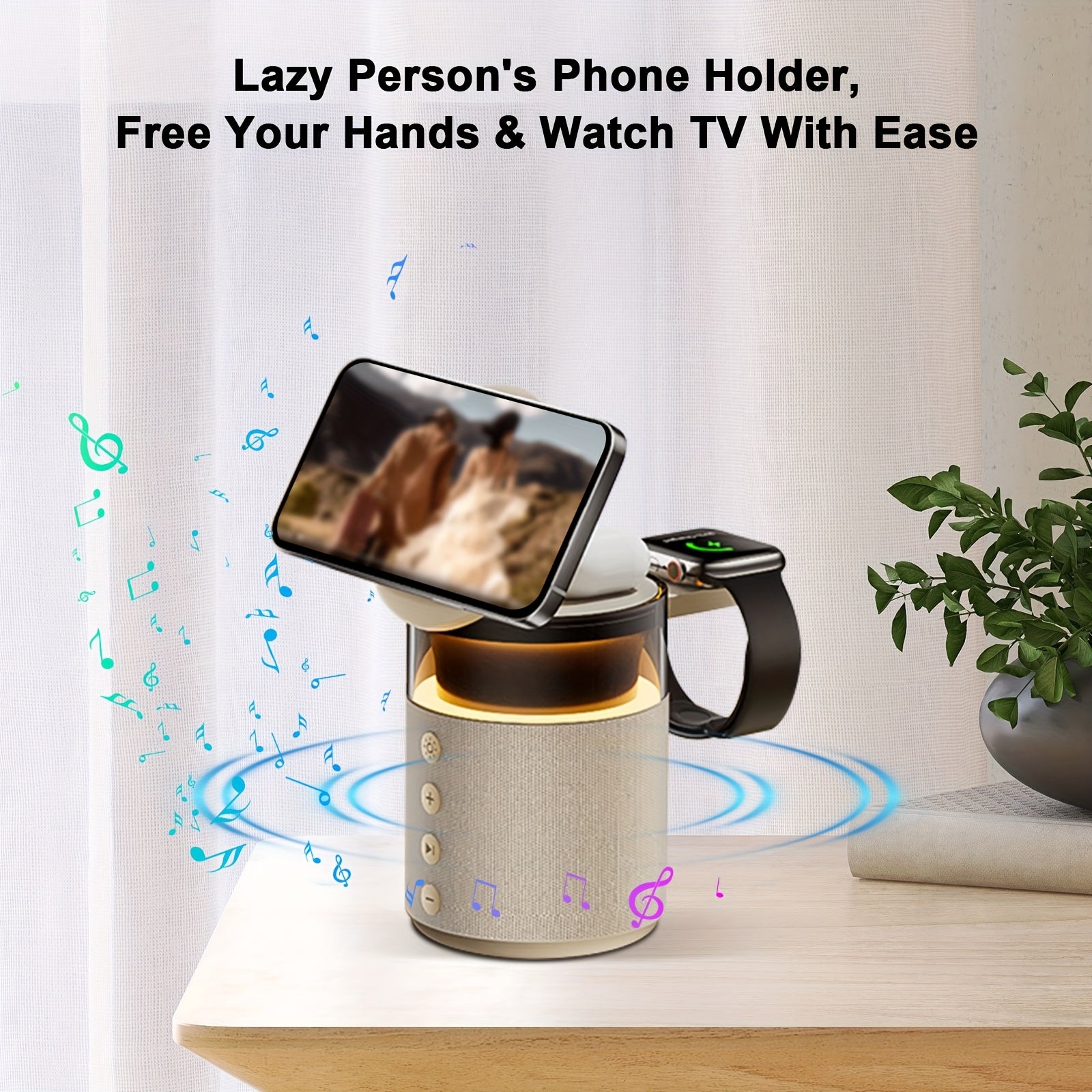 Mini LED Light Multifunctional Fast Wireless Charger, Phone Stand, Portable Speaker Hi-FI Sound Quality, LED Night Light, Cell Phone Wireless Charging Station, for iPhone 16 15 14 13 12 All Series, for Airpods 4/ 3/ 2/ Pro/ Pro 2/ Pro 3, Earbuds, Apple