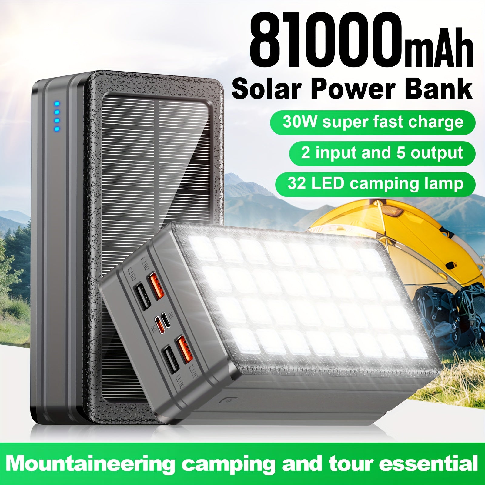 81000mAh Solar Power Bank with 32 LED Camping Light, 30W Super Fast Charging, 2-in-1 Portable Solar Generator & Power Bank, 5-Device Charging, USB-C/PD/DC Input/Output, 36V Low Voltage, 32 LED Flashlight, Compact & Lightweight for Camping, Travel,