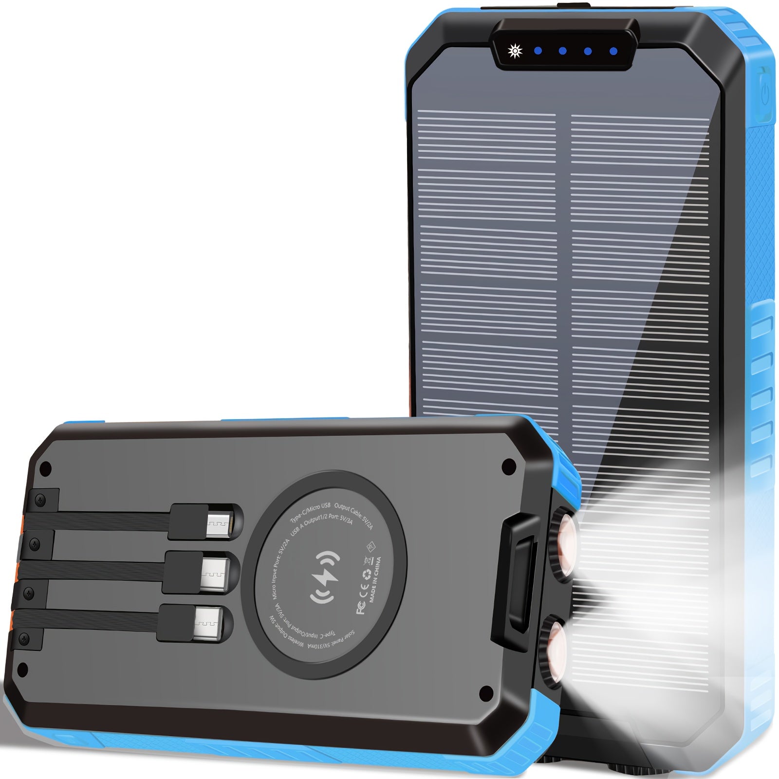 Solar Power Bank with Solar Charging & USB-C Fast Charging, 20000mAh Portable Charger with Built-in Flashlight, Triple Cable (3A Output, Wireless Charging, Compact & Rugged Design for Camping, Emergencies, Travel - Compatible with Smartphones, Tablets,