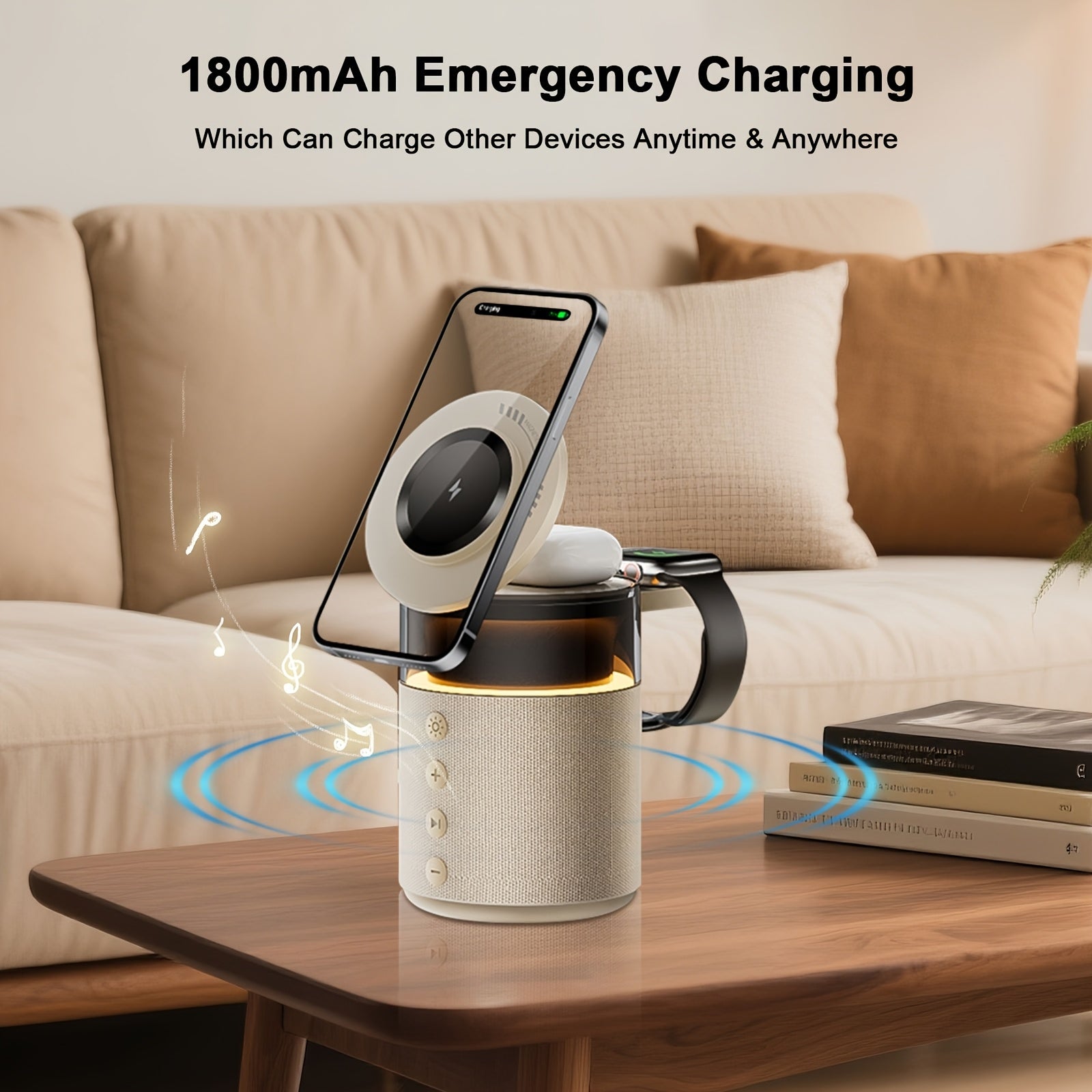 Mini LED Light Multifunctional Fast Wireless Charger, Phone Stand, Portable Speaker Hi-FI Sound Quality, LED Night Light, Cell Phone Wireless Charging Station, for iPhone 16 15 14 13 12 All Series, for Airpods 4/ 3/ 2/ Pro/ Pro 2/ Pro 3, Earbuds, Apple