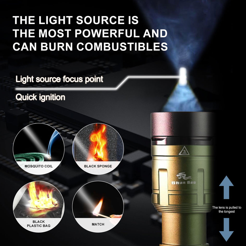 Green Outdoor Camping Mountaineering Zoom Flashlight Strong Light Focusing Light Source Can Ignite The Flame