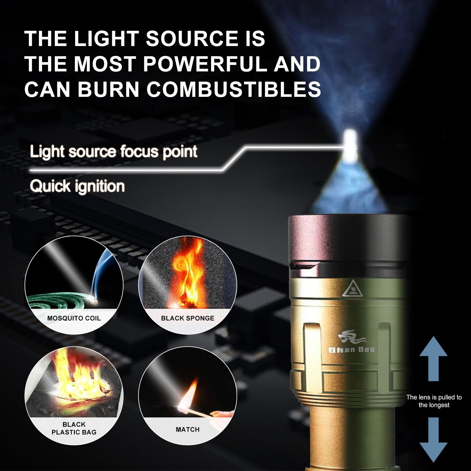 Green Outdoor Camping Mountaineering Zoom Flashlight Strong Light Focusing Light Source Can Ignite The Flame