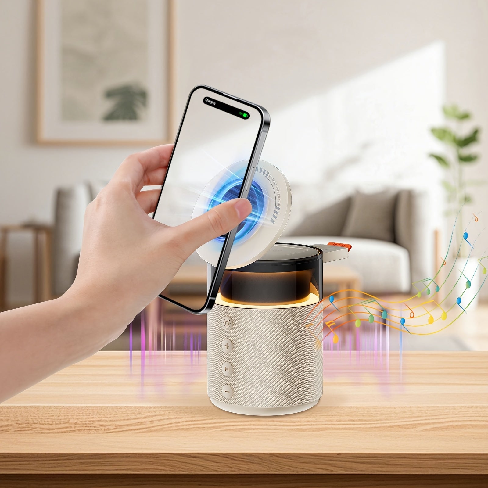 Mini LED Light Multifunctional Fast Wireless Charger, Phone Stand, Portable Speaker Hi-FI Sound Quality, LED Night Light, Cell Phone Wireless Charging Station, for iPhone 16 15 14 13 12 All Series, for Airpods 4/ 3/ 2/ Pro/ Pro 2/ Pro 3, Earbuds, Apple