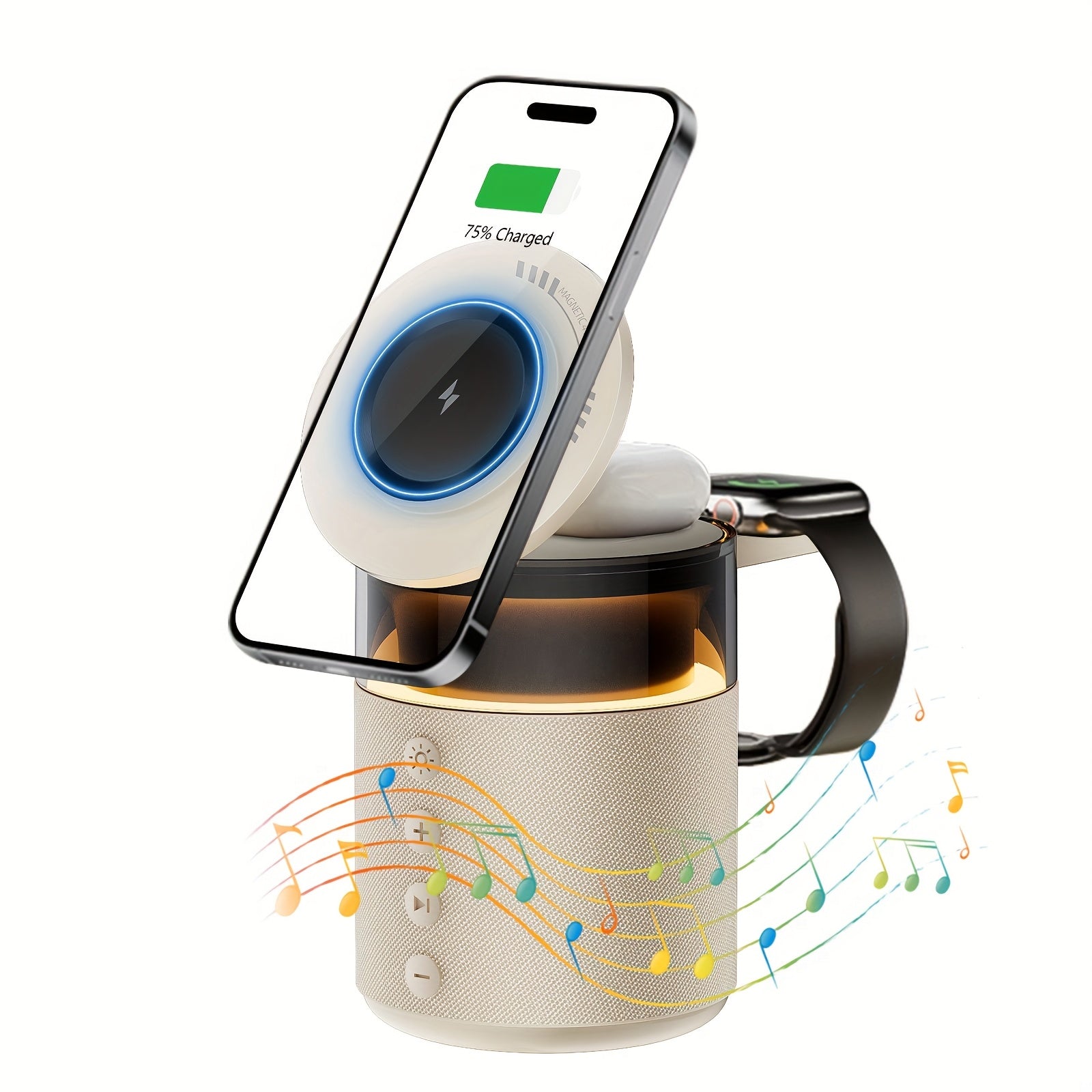 Mini LED Light Multifunctional Fast Wireless Charger, Phone Stand, Portable Speaker Hi-FI Sound Quality, LED Night Light, Cell Phone Wireless Charging Station, for iPhone 16 15 14 13 12 All Series, for Airpods 4/ 3/ 2/ Pro/ Pro 2/ Pro 3, Earbuds, Apple