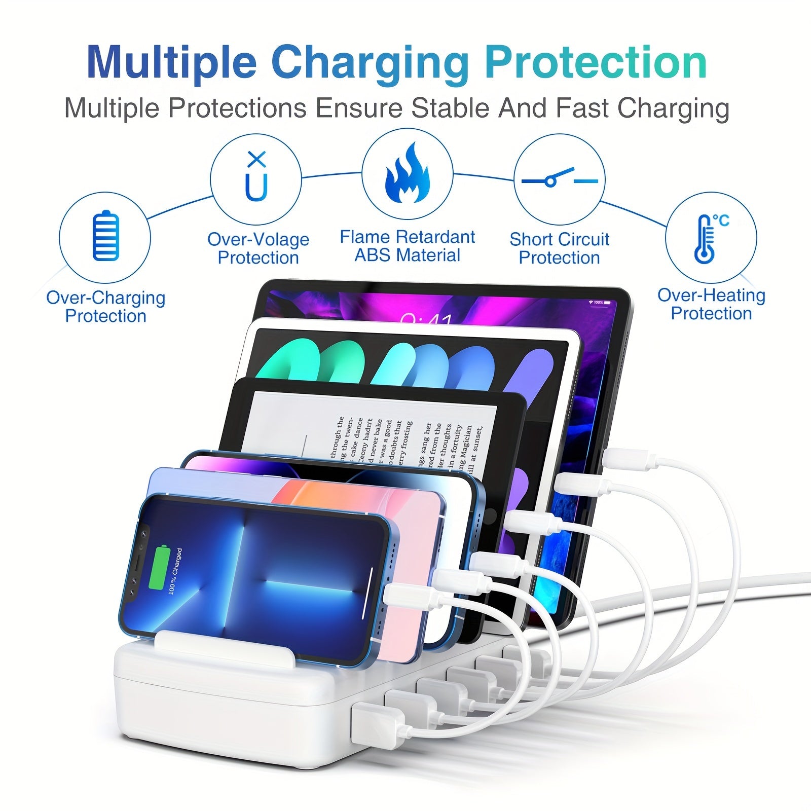 Fast Charging Station for Multiple Devices, 50W 6-Port USB Charging Station with 14 Slots, 7-Detachable Dividers Can Choose Width According to Devices And Adjust Spacing Freely, 1 Fixed Low Baffle Allows to Place The Phone Without Blocking The Screen,