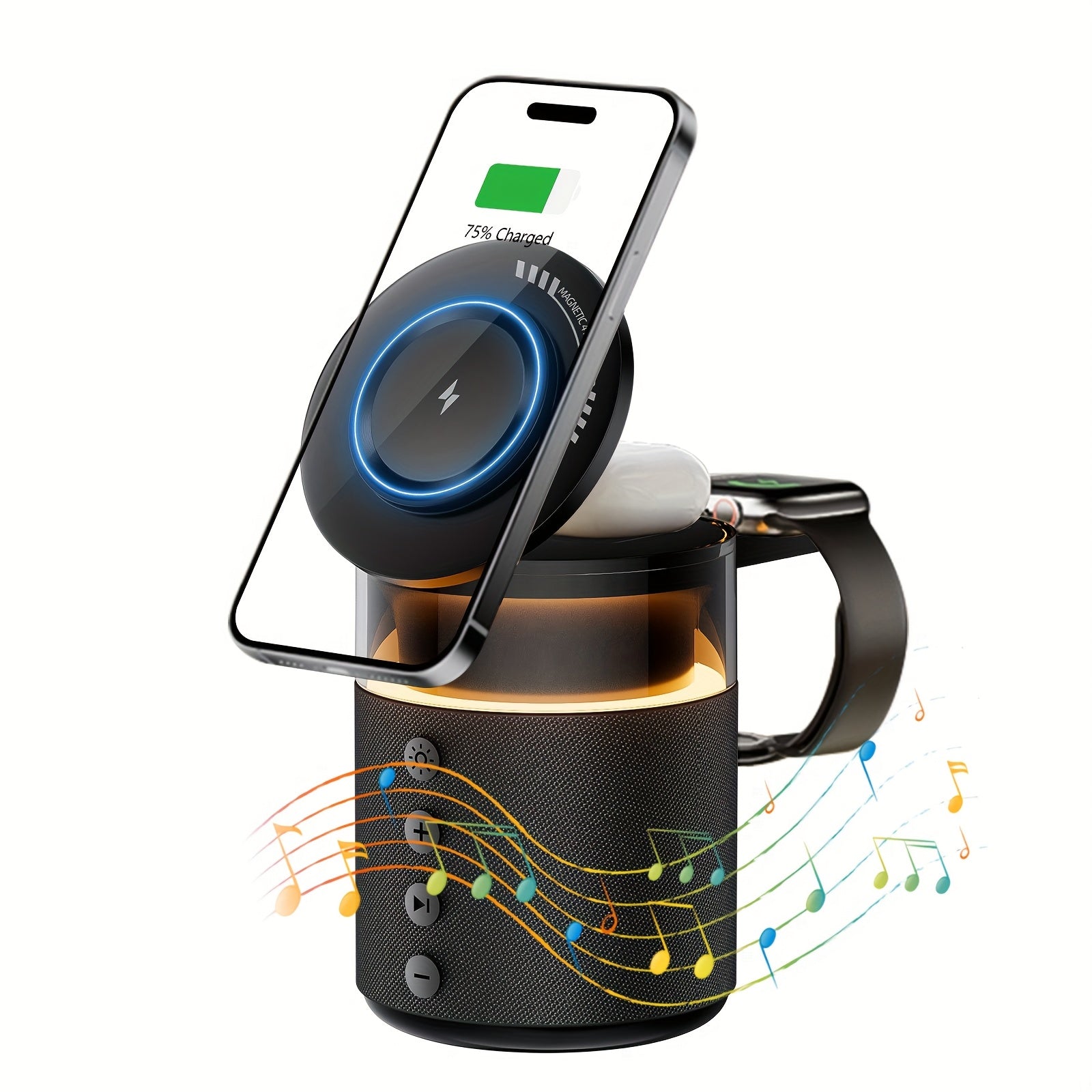 Mini LED Light Multifunctional Fast Wireless Charger, Phone Stand, Portable Speaker Hi-FI Sound Quality, LED Night Light, Cell Phone Wireless Charging Station, for iPhone 16 15 14 13 12 All Series, for Airpods 4/ 3/ 2/ Pro/ Pro 2/ Pro 3, Earbuds, Apple
