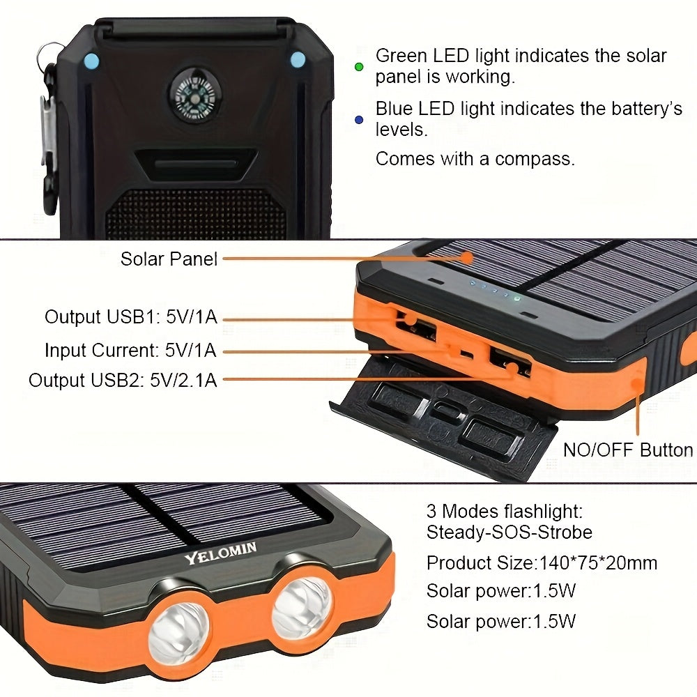 20000mAh USB Portable Charger Solar Power Bank, Camping External Backup Battery Dual 5V USB Ports Output, for Cell Phones, Mobile Devices, Travel Backup Battery, Built-In Dual Super Bright Flashlights, The Best Gift for Festival