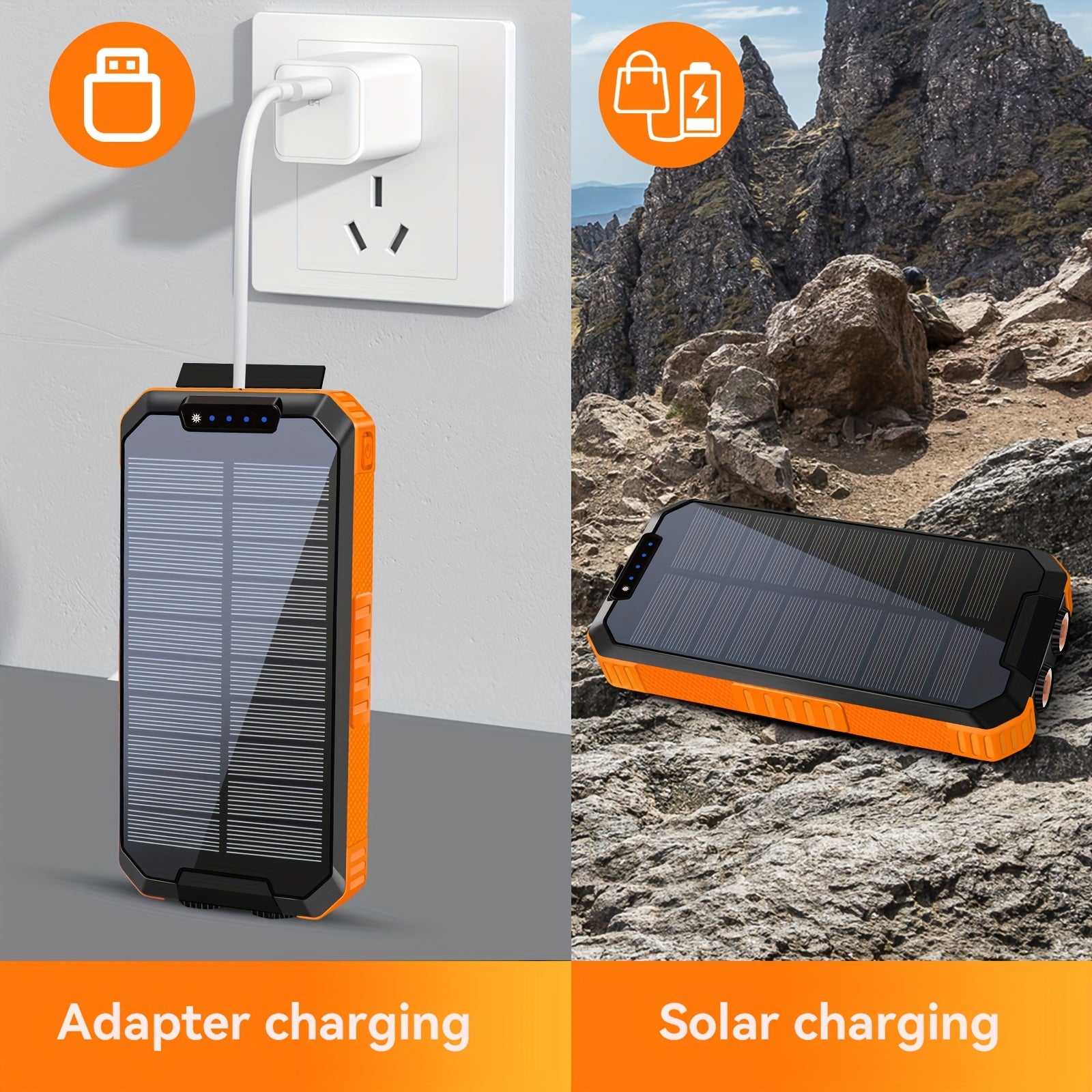 Solar Power Bank with Solar Charging & USB-C Fast Charging, 20000mAh Portable Charger with Built-in Flashlight, Triple Cable (3A Output, Wireless Charging, Compact & Rugged Design for Camping, Emergencies, Travel - Compatible with Smartphones, Tablets,