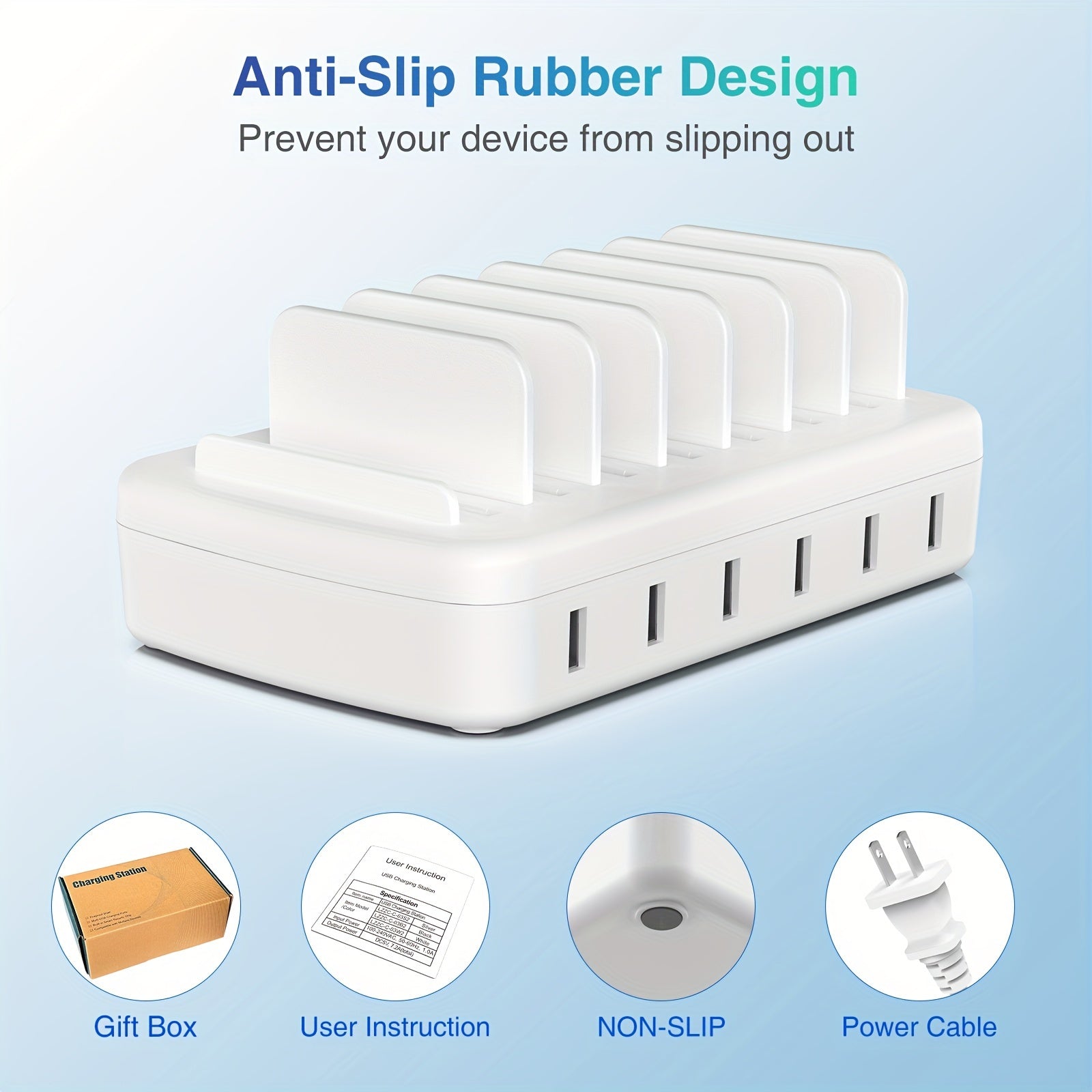 Fast Charging Station for Multiple Devices, 50W 6-Port USB Charging Station with 14 Slots, 7-Detachable Dividers Can Choose Width According to Devices And Adjust Spacing Freely, 1 Fixed Low Baffle Allows to Place The Phone Without Blocking The Screen,