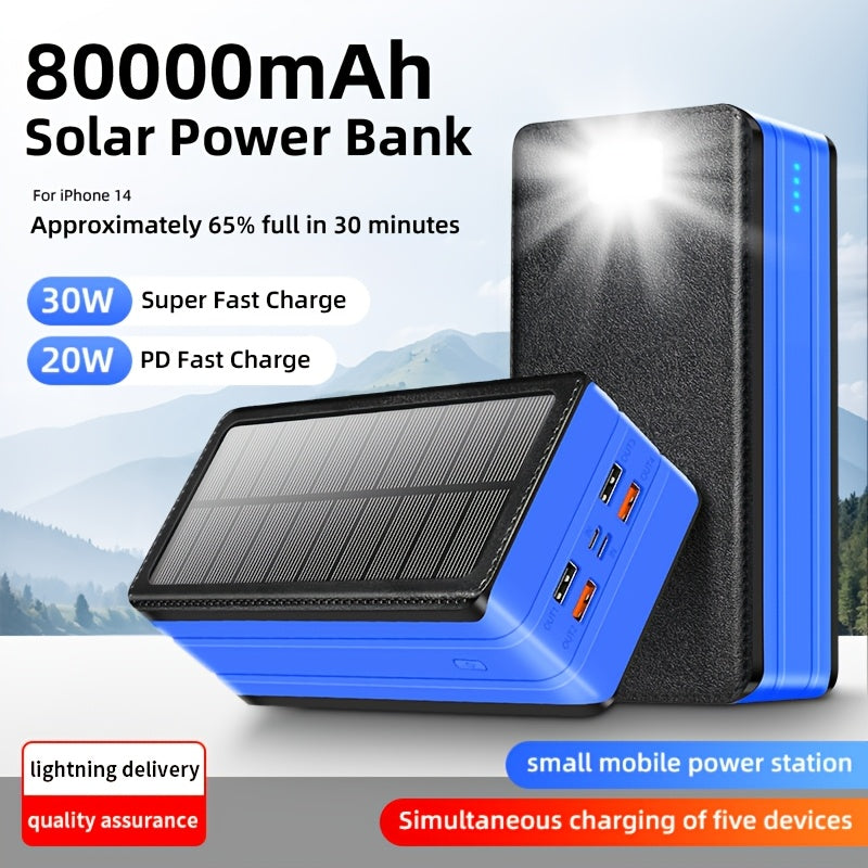 80, 000mAh Solar Power Bank, Large Capacity, 30W Fast Charging Mobile Power, 5Outputs And 2 Inputs, LED Flashlight SOS/Strobe/Strobe Light Flashlight, PortableCharger, Suitable for Outdoor Camping And Wilderness Survival Gear