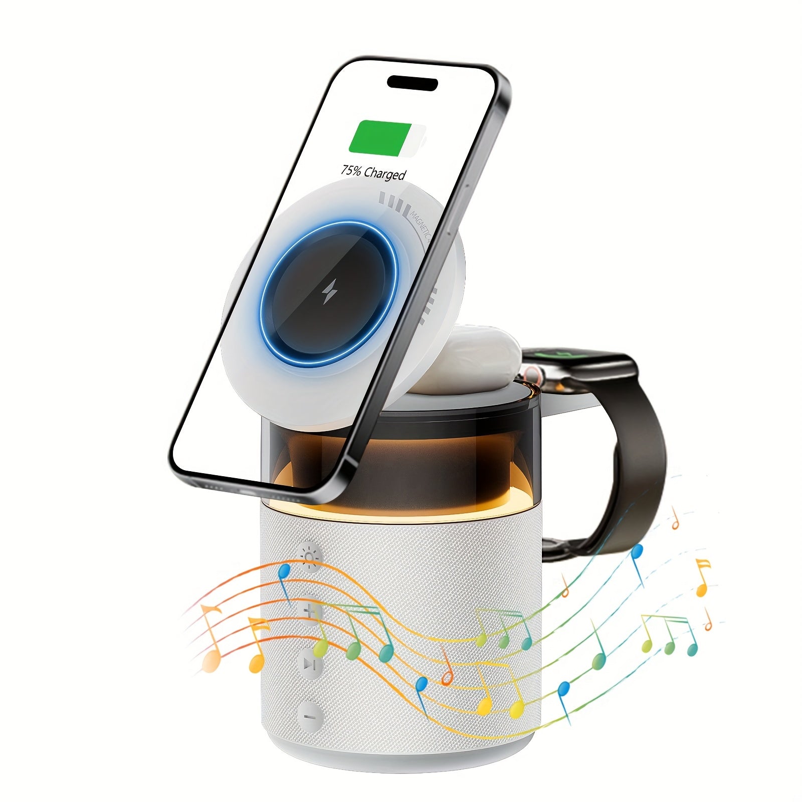 Mini LED Light Multifunctional Fast Wireless Charger, Phone Stand, Portable Speaker Hi-FI Sound Quality, LED Night Light, Cell Phone Wireless Charging Station, for iPhone 16 15 14 13 12 All Series, for Airpods 4/ 3/ 2/ Pro/ Pro 2/ Pro 3, Earbuds, Apple
