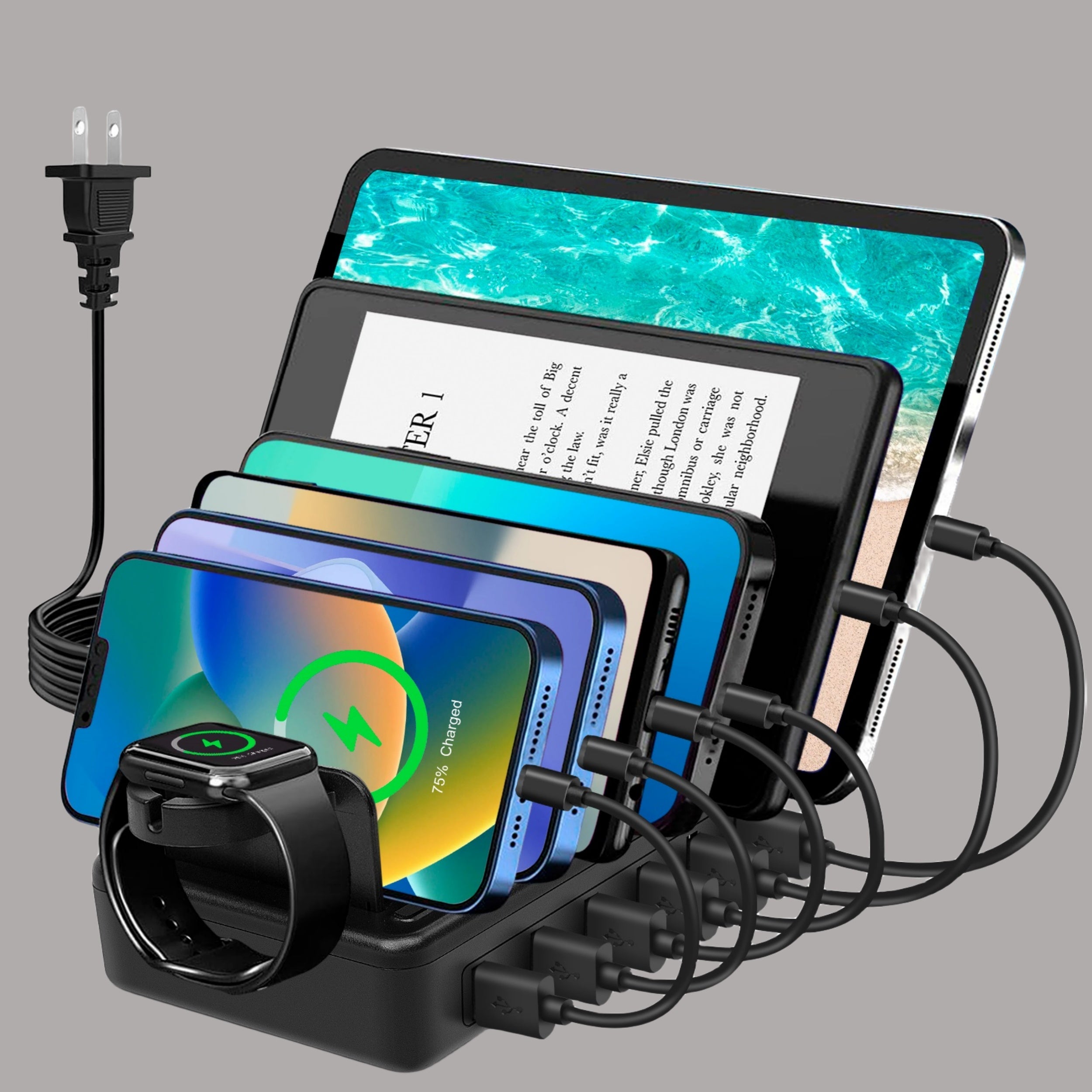 Fast Charging Station For Multiple Devices, 50W 6-Ports USB Charging Station With10-Slot, Detachable Dividers, Watch Holder, Compatible With Phone/iPad/Kindle/Tablet