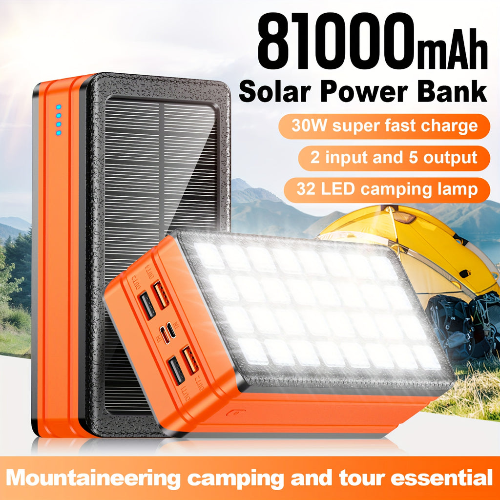 81000mAh Solar Power Bank with 32 LED Camping Light, 30W Super Fast Charging, 2-in-1 Portable Solar Generator & Power Bank, 5-Device Charging, USB-C/PD/DC Input/Output, 36V Low Voltage, 32 LED Flashlight, Compact & Lightweight for Camping, Travel,
