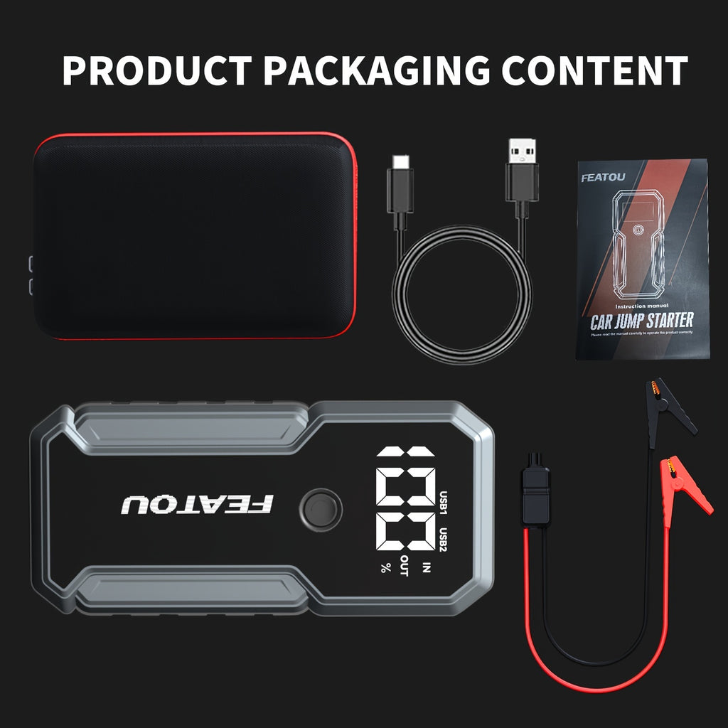 FEATOU Portable Car Starter, 5000A Peak Battery Jump Starter, Car Battery Jump Box, Car Battery Charger, 12V Portable Car Starter, Suitable For 8.5L Gasoline And 7.0L Diesel Cars, With USB Port Power Bank Function And LED Flashlight