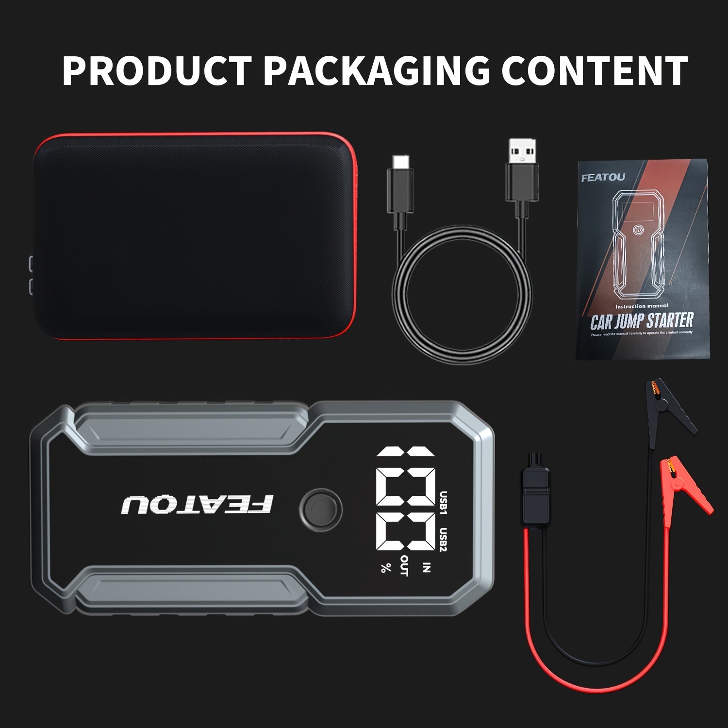 FEATOU Portable Car Starter, 5000A Peak Battery Jump Starter, Car Battery Jump Box, Car Battery Charger, 12V Portable Car Starter, Suitable For 8.5L Gasoline And 7.0L Diesel Cars, With USB Port Power Bank Function And LED Flashlight
