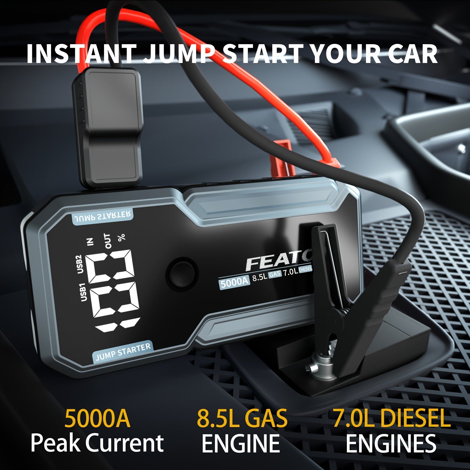 FEATOU Portable Car Starter, 5000A Peak Battery Jump Starter, Car Battery Jump Box, Car Battery Charger, 12V Portable Car Starter, Suitable For 8.5L Gasoline And 7.0L Diesel Cars, With USB Port Power Bank Function And LED Flashlight