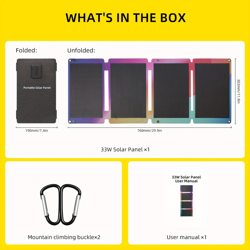 33W Outdoor Solar Power Generation Panel Photovoltaic Panel, Equipped with USB-AQC3.0 And USB-CPD18W Interfaces, Is Used for Power Supply Of Mobile Phone Power Banks And Can Be Folded for Camping, Hiking And Fishing Solar Power Generation, Solar Panel