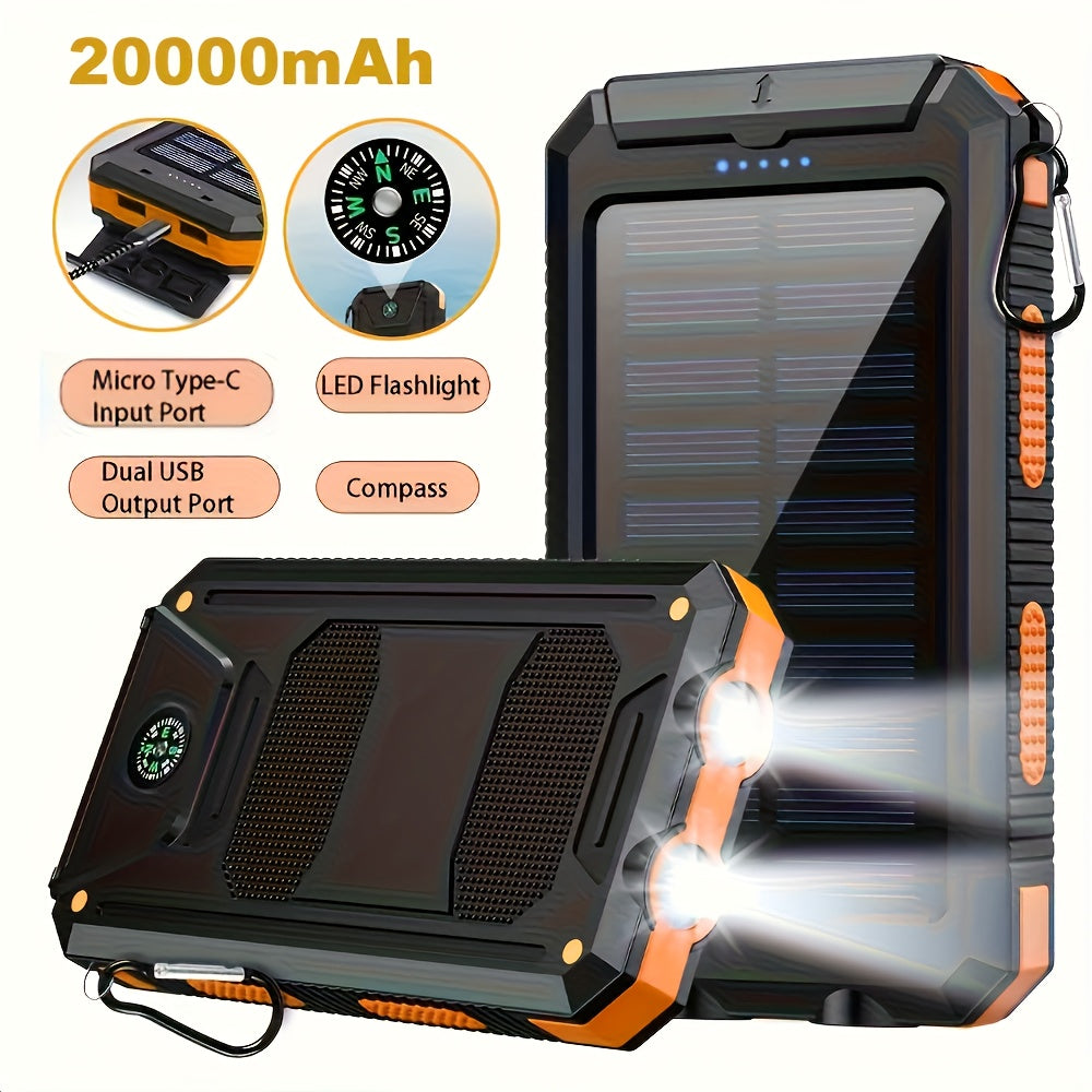 [Solar Power Bank] 20000mAh Solar Power Bank | Portable Charger with Dual 5V USB Port, LED Flashlight, Compass - Best Gift for Holidays, Travel, Camping External Backup Battery Set for Phones & Mobile Devices