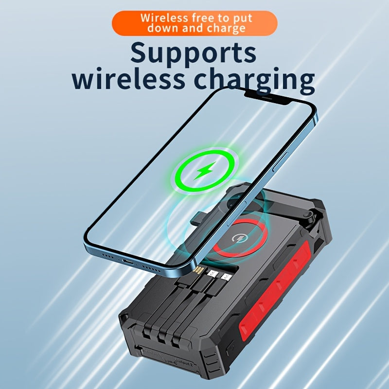 Power Bank Wireless Charger 30000mAh Comes With A Wire Hand Crank And 3 Cables 15W Fast Charging Power Bank 7 Outputs & 4 Inputs Solar Portable Charger, SOS/Strobe/Strong Flashlights - Orange