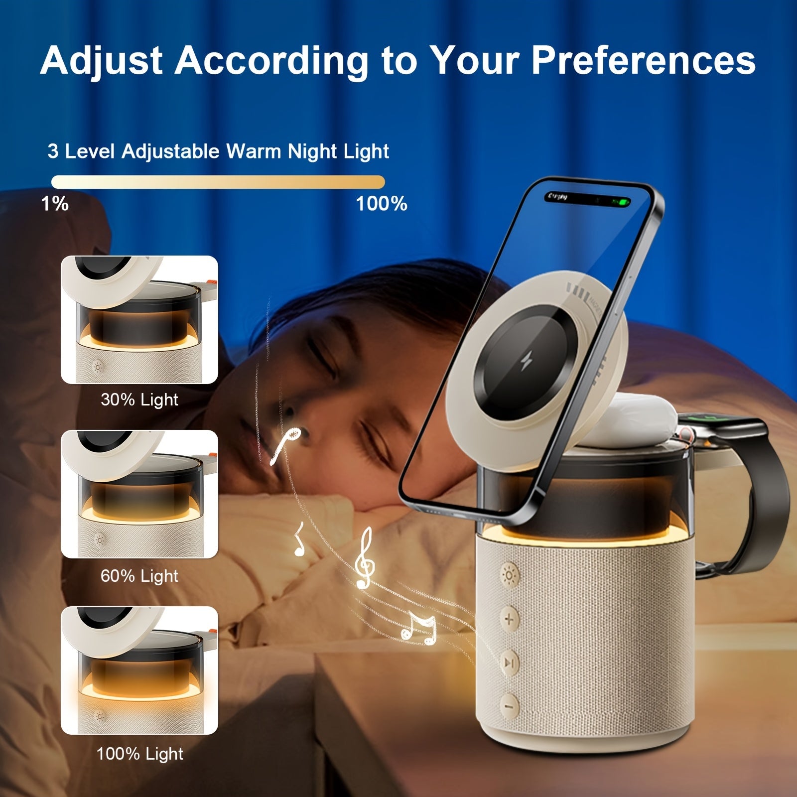 Mini LED Light Multifunctional Fast Wireless Charger, Phone Stand, Portable Speaker Hi-FI Sound Quality, LED Night Light, Cell Phone Wireless Charging Station, for iPhone 16 15 14 13 12 All Series, for Airpods 4/ 3/ 2/ Pro/ Pro 2/ Pro 3, Earbuds, Apple