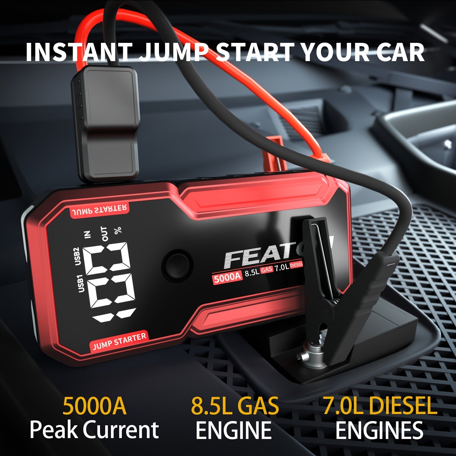 FEATOU Portable Car Starter, 5000A Peak Battery Jump Starter, Car Battery Jump Box, Car Battery Charger, 12V Portable Car Starter, Suitable For 8.5L Gasoline And 7.0L Diesel Cars, With USB Port Power Bank Function And LED Flashlight