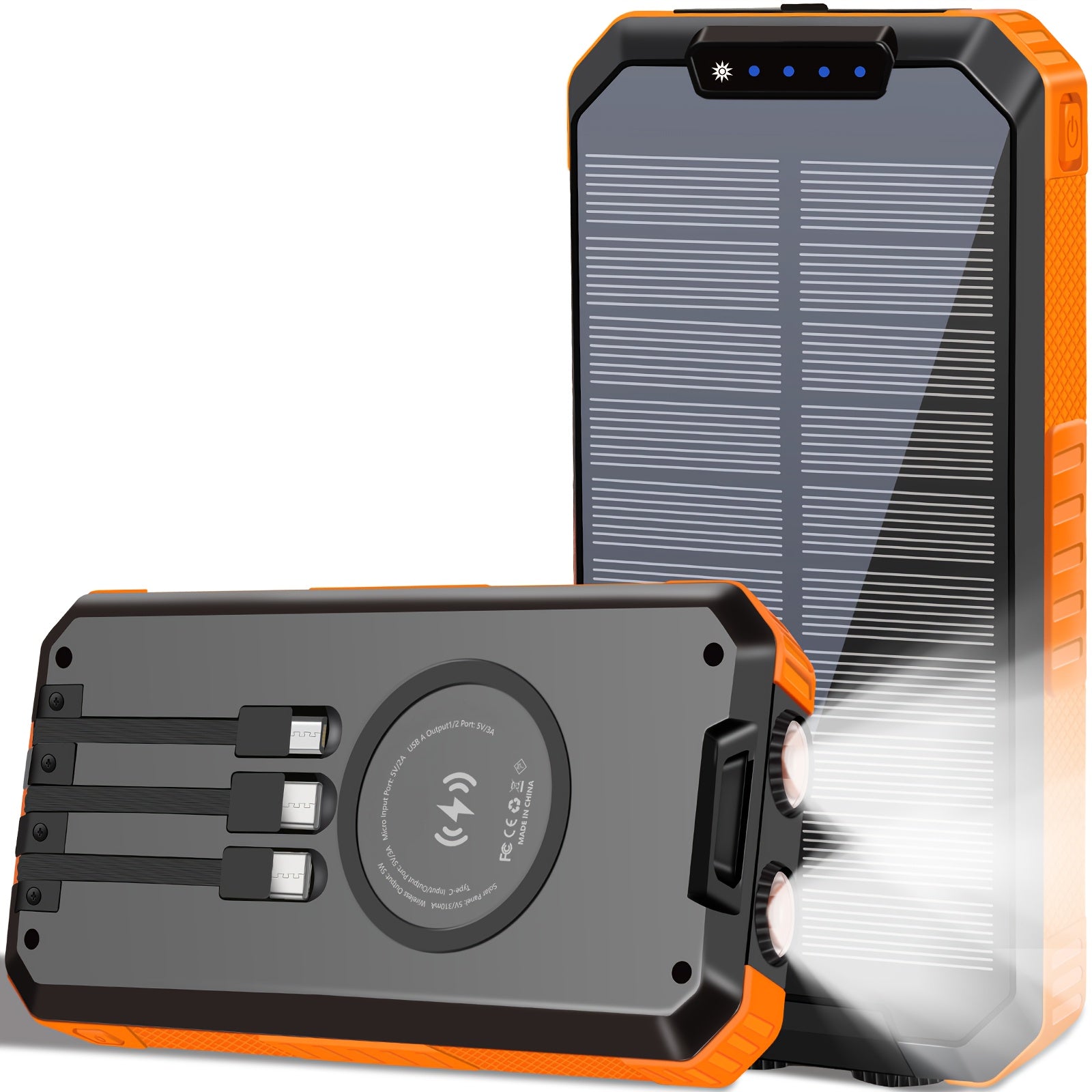 Solar Power Bank with Solar Charging & USB-C Fast Charging, 20000mAh Portable Charger with Built-in Flashlight, Triple Cable (3A Output, Wireless Charging, Compact & Rugged Design for Camping, Emergencies, Travel - Compatible with Smartphones, Tablets,