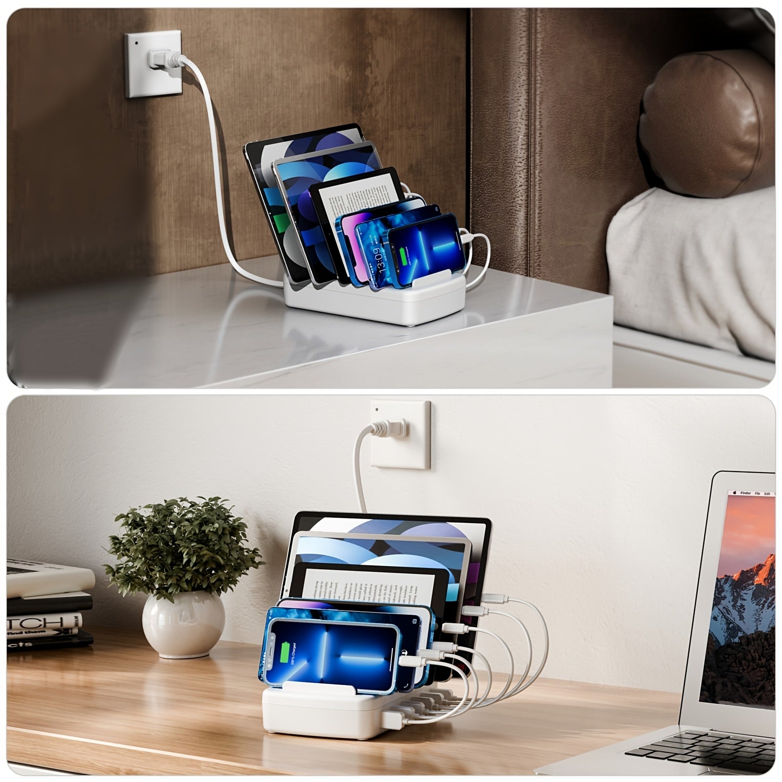 Fast Charging Station for Multiple Devices, 50W 6-Port USB Charging Station with 14 Slots, 7-Detachable Dividers Can Choose Width According to Devices And Adjust Spacing Freely, 1 Fixed Low Baffle Allows to Place The Phone Without Blocking The Screen,