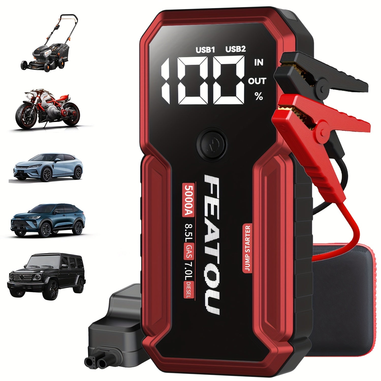 FEATOU Portable Car Starter, 5000A Peak Battery Jump Starter, Car Battery Jump Box, Car Battery Charger, 12V Portable Car Starter, Suitable For 8.5L Gasoline And 7.0L Diesel Cars, With USB Port Power Bank Function And LED Flashlight