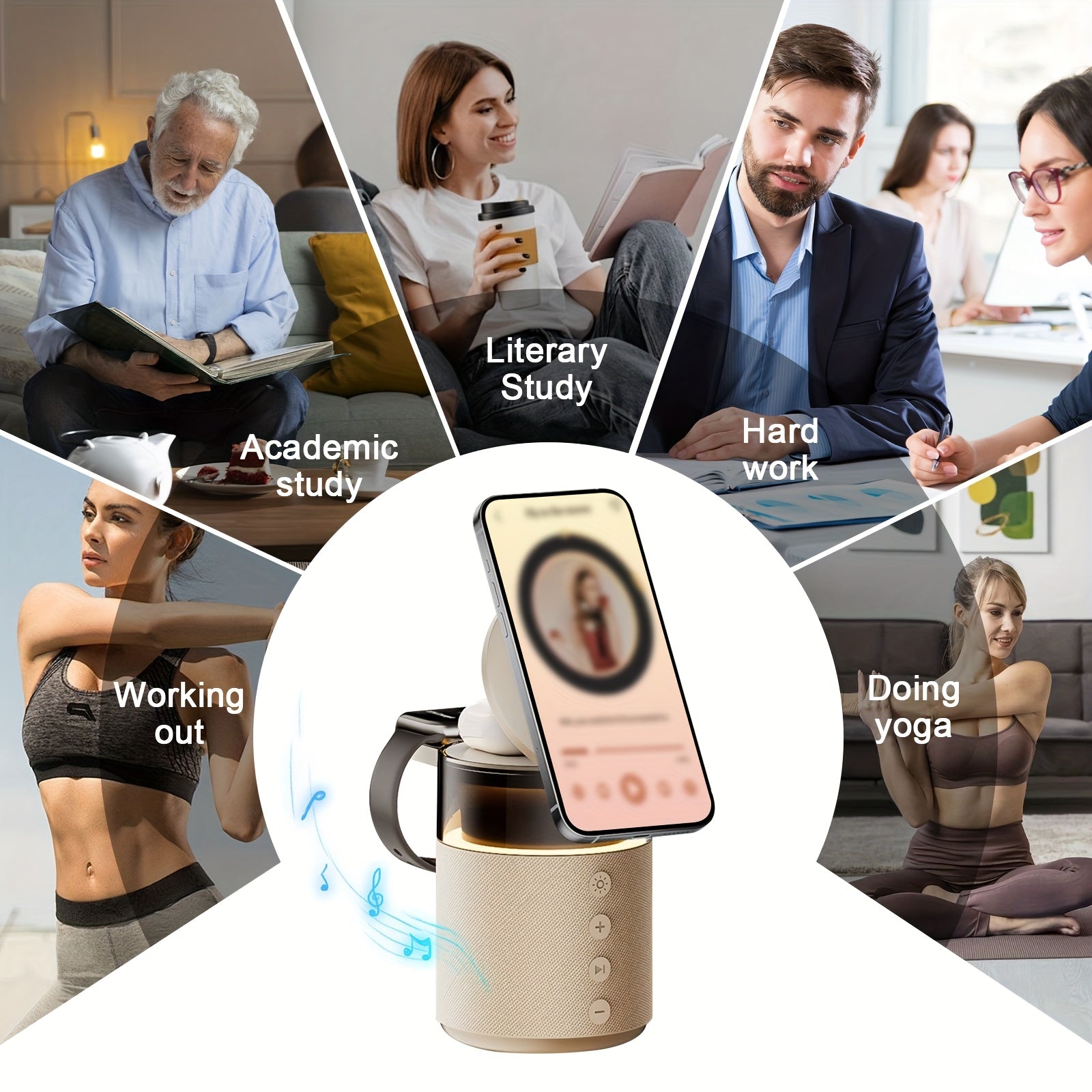 Mini LED Light Multifunctional Fast Wireless Charger, Phone Stand, Portable Speaker Hi-FI Sound Quality, LED Night Light, Cell Phone Wireless Charging Station, for iPhone 16 15 14 13 12 All Series, for Airpods 4/ 3/ 2/ Pro/ Pro 2/ Pro 3, Earbuds, Apple