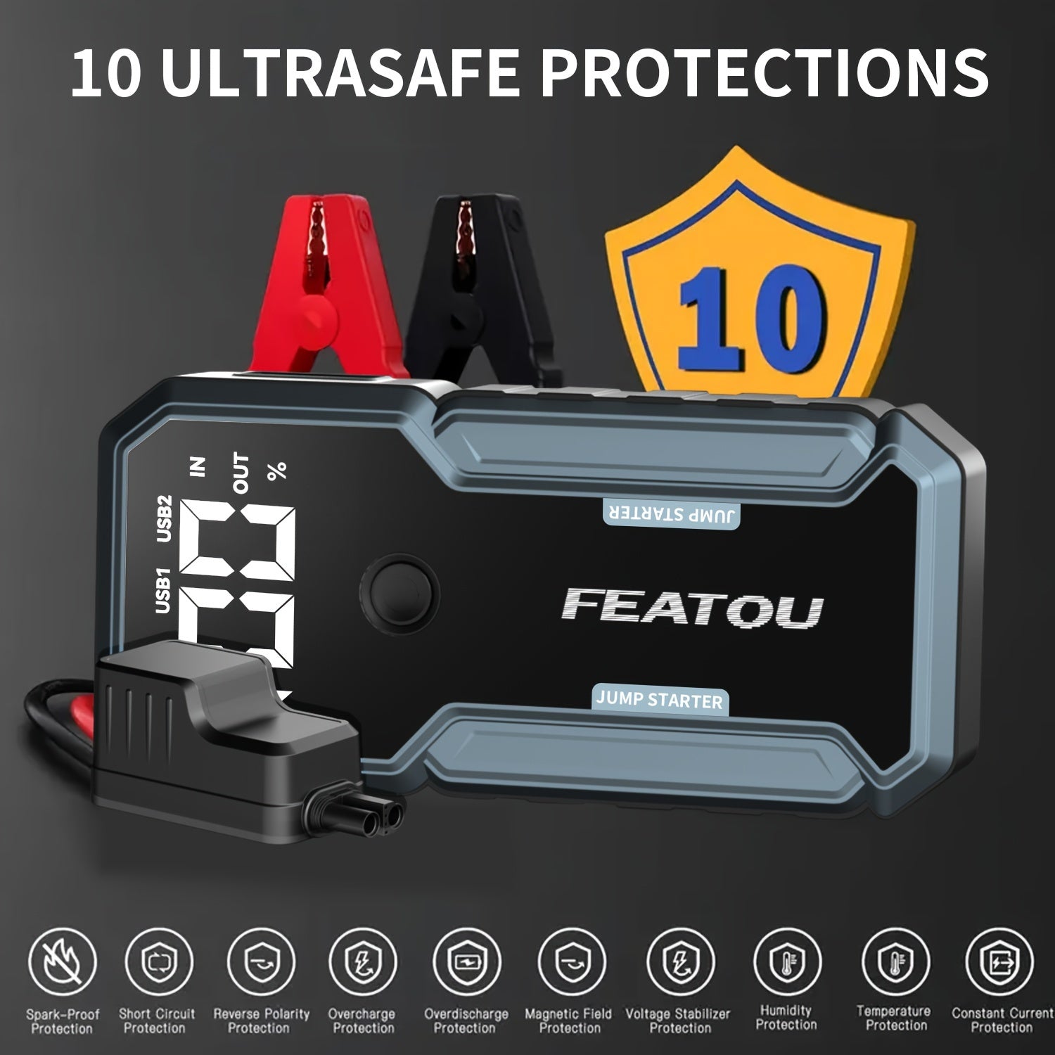 FEATOU Portable Car Starter, 5000A Peak Battery Jump Starter, Car Battery Jump Box, Car Battery Charger, 12V Portable Car Starter, Suitable For 8.5L Gasoline And 7.0L Diesel Cars, With USB Port Power Bank Function And LED Flashlight