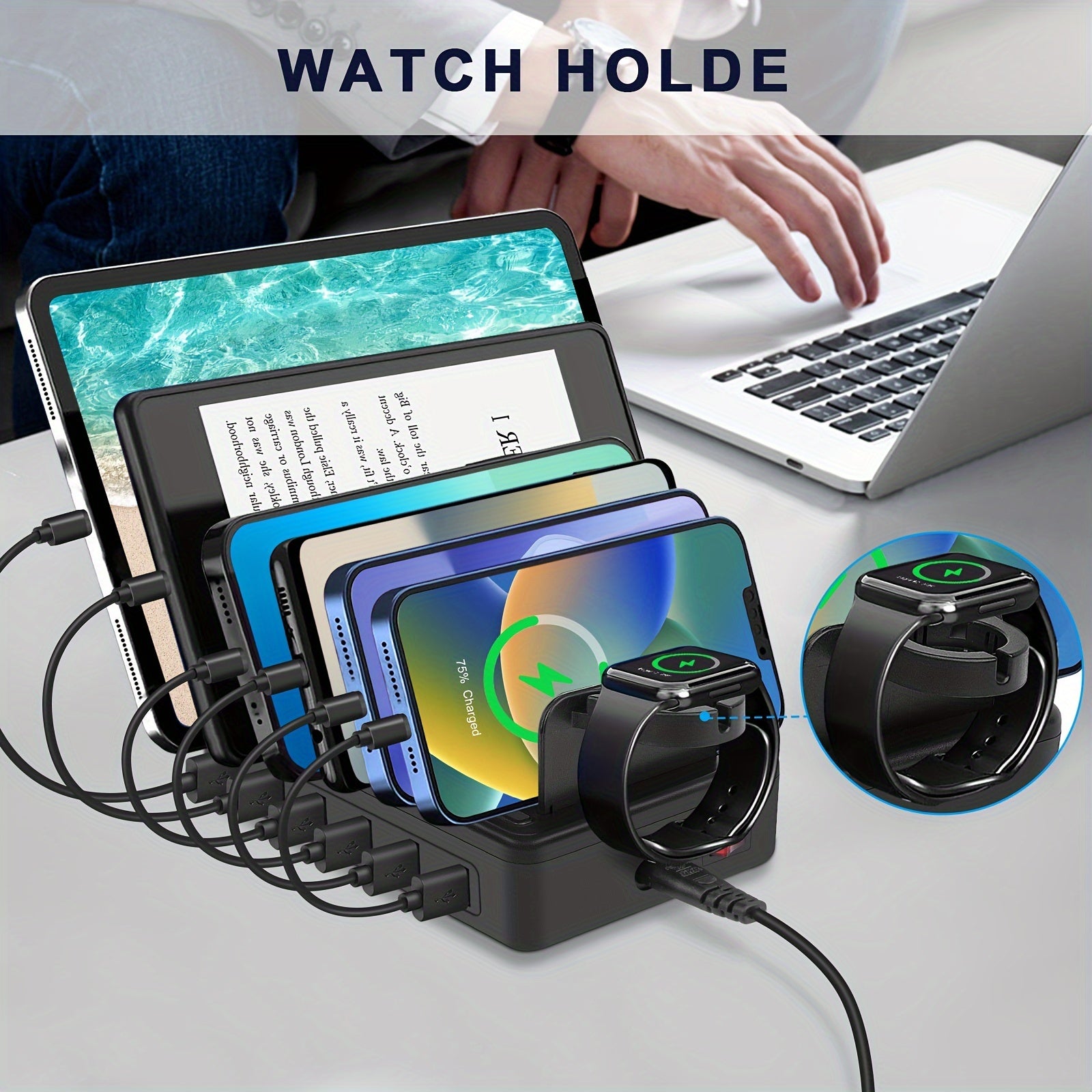 Fast Charging Station For Multiple Devices, 50W 6-Ports USB Charging Station With10-Slot, Detachable Dividers, Watch Holder, Compatible With Phone/iPad/Kindle/Tablet