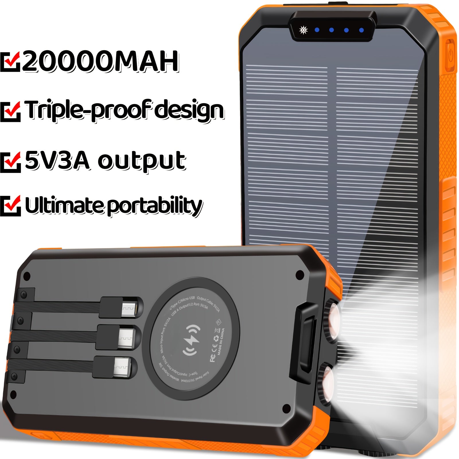 Solar Power Bank with Solar Charging & USB-C Fast Charging, 20000mAh Portable Charger with Built-in Flashlight, Triple Cable (3A Output, Wireless Charging, Compact & Rugged Design for Camping, Emergencies, Travel - Compatible with Smartphones, Tablets,
