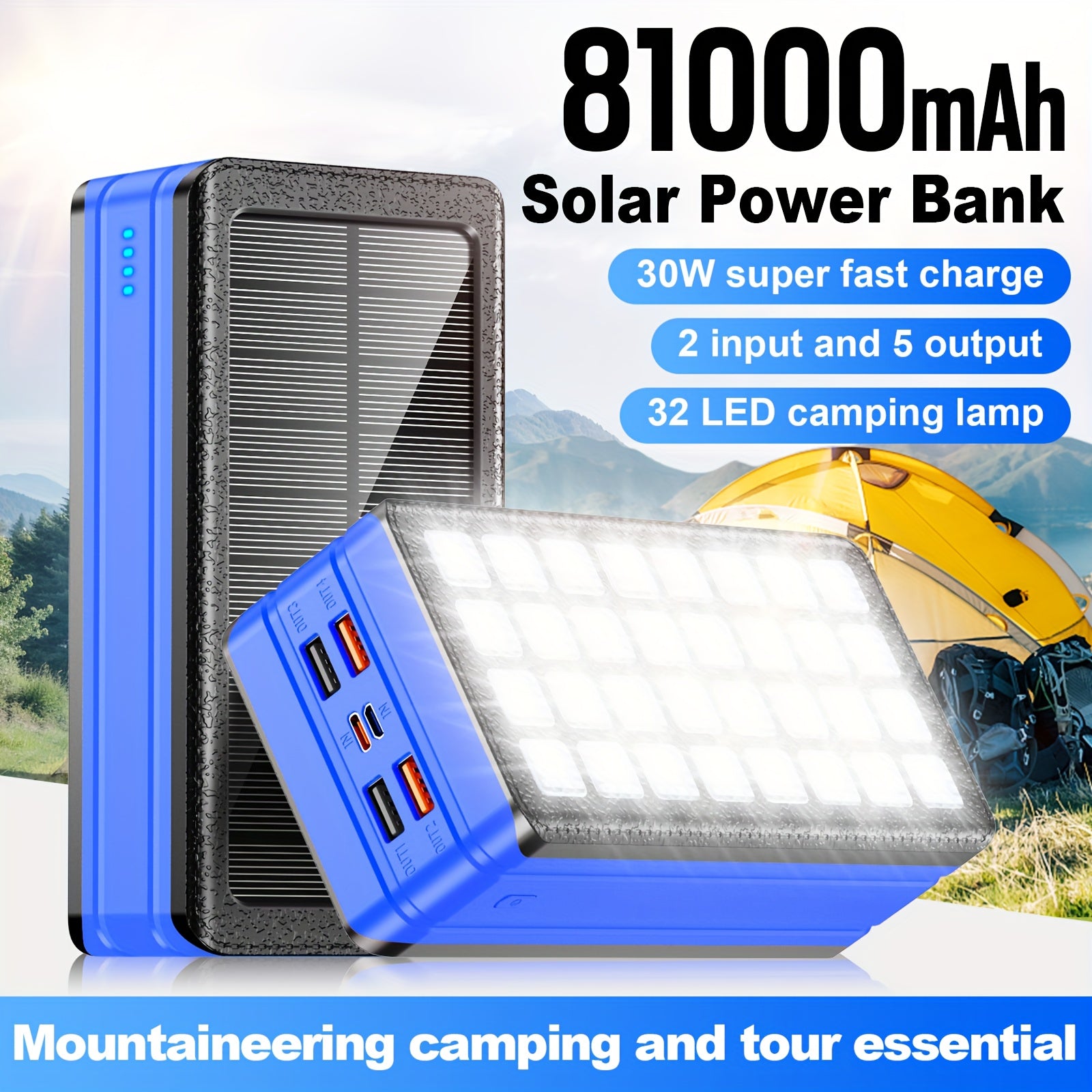 81000mAh Solar Power Bank with 32 LED Camping Light, 30W Super Fast Charging, 2-in-1 Portable Solar Generator & Power Bank, 5-Device Charging, USB-C/PD/DC Input/Output, 36V Low Voltage, 32 LED Flashlight, Compact & Lightweight for Camping, Travel,