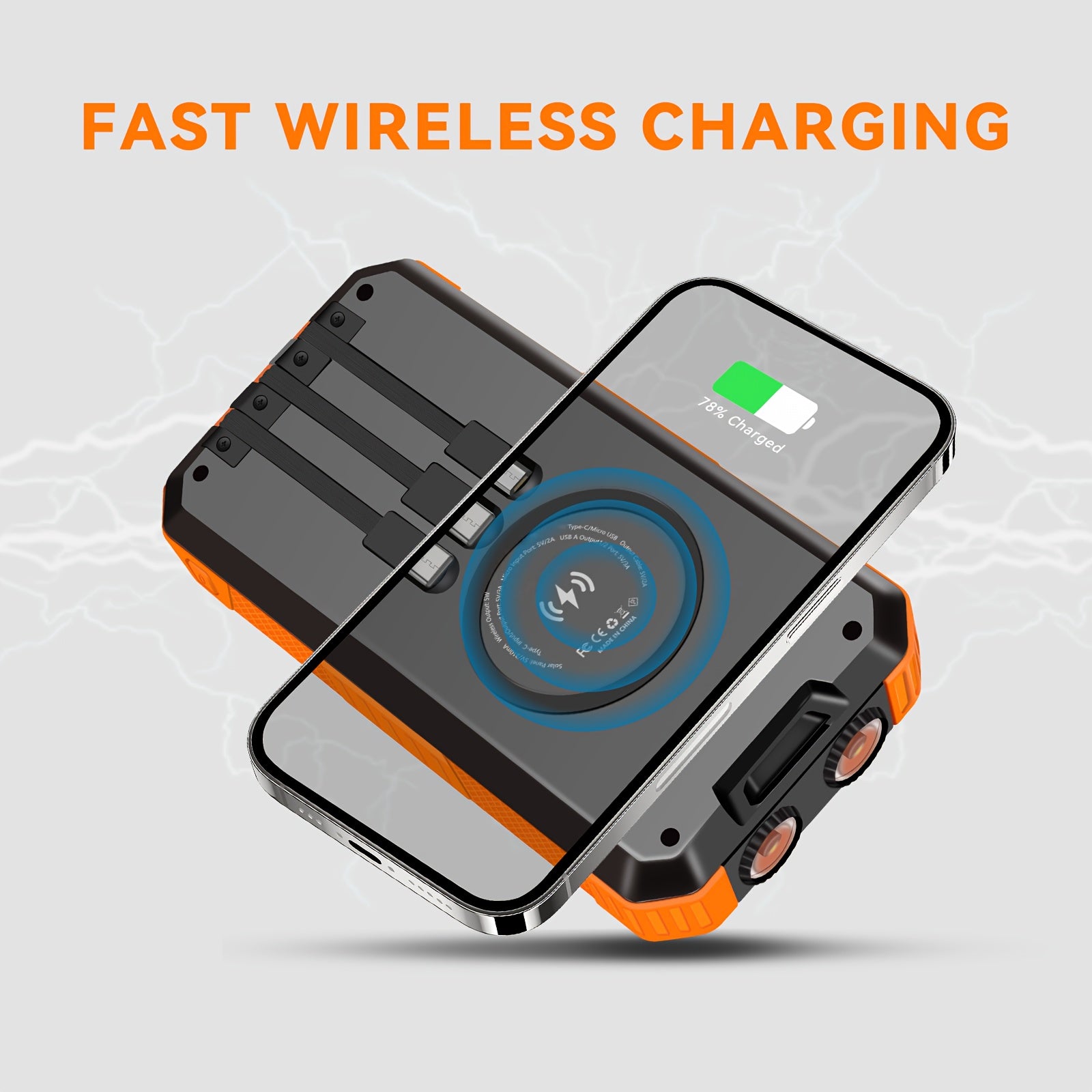 Solar Power Bank with Solar Charging & USB-C Fast Charging, 20000mAh Portable Charger with Built-in Flashlight, Triple Cable (3A Output, Wireless Charging, Compact & Rugged Design for Camping, Emergencies, Travel - Compatible with Smartphones, Tablets,