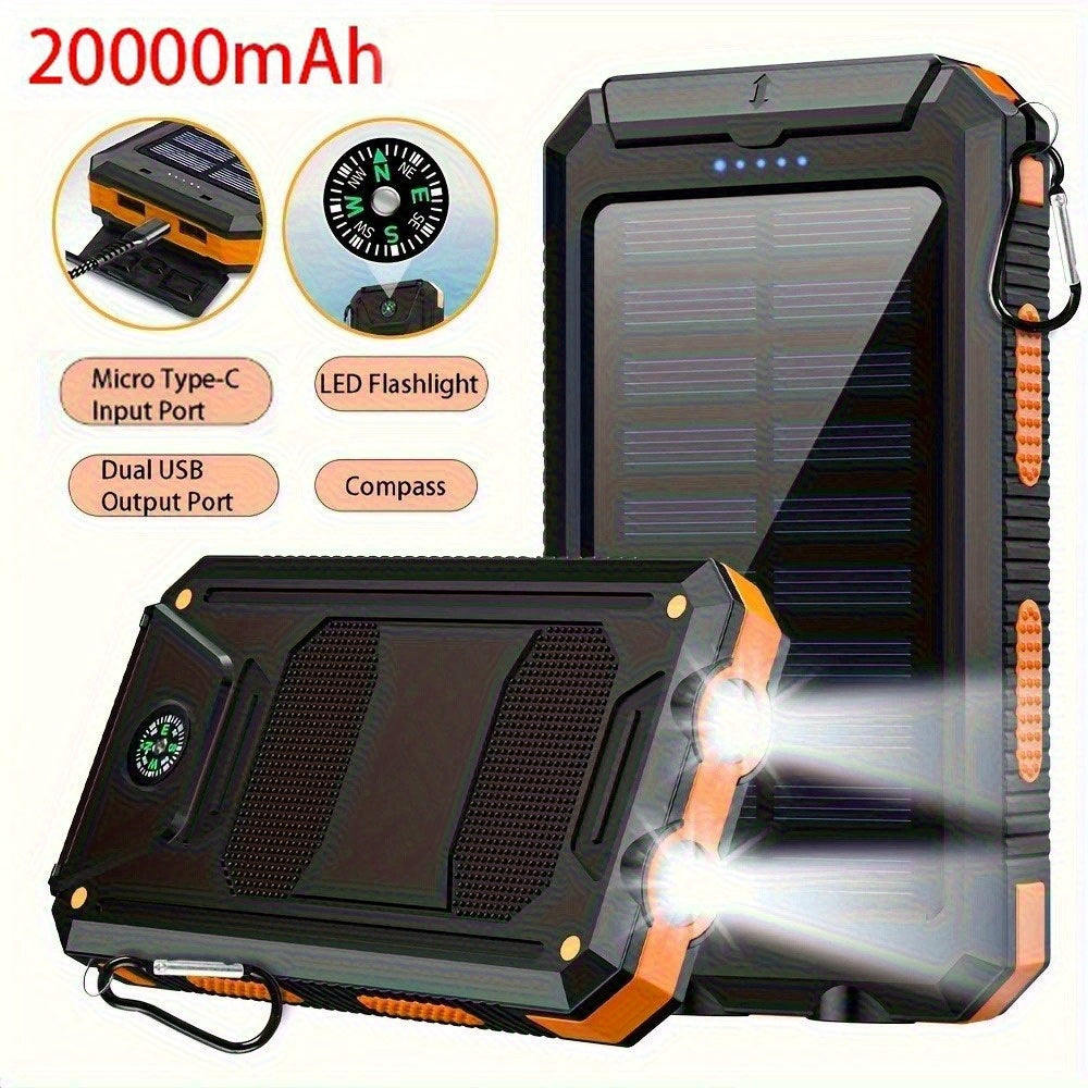 20000mAh USB Portable Charger Solar Power Bank, Camping External Backup Battery Dual 5V USB Ports Output, for Cell Phones, Mobile Devices, Travel Backup Battery, Built-In Dual Super Bright Flashlights, The Best Gift for Festival